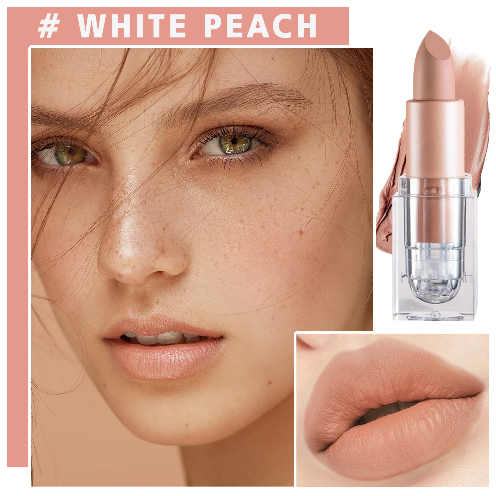 IONSGAKO Matte Nude Lipstick, Velvet Lip Gloss for Women Girls, White Peach