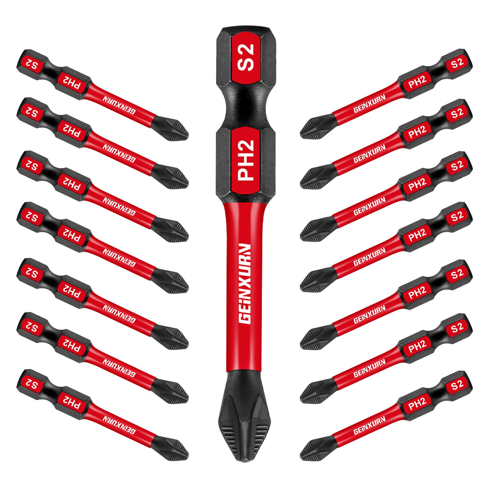 Geinxurn Impact Tough #2 Phillips 2 pulgadas. Puntas de destornillador de inserción de cabeza antideslizante, paquete de 15 puntas de destornillador PH2 magnéticas de vástago hexagonal de 1/4 pulgadas