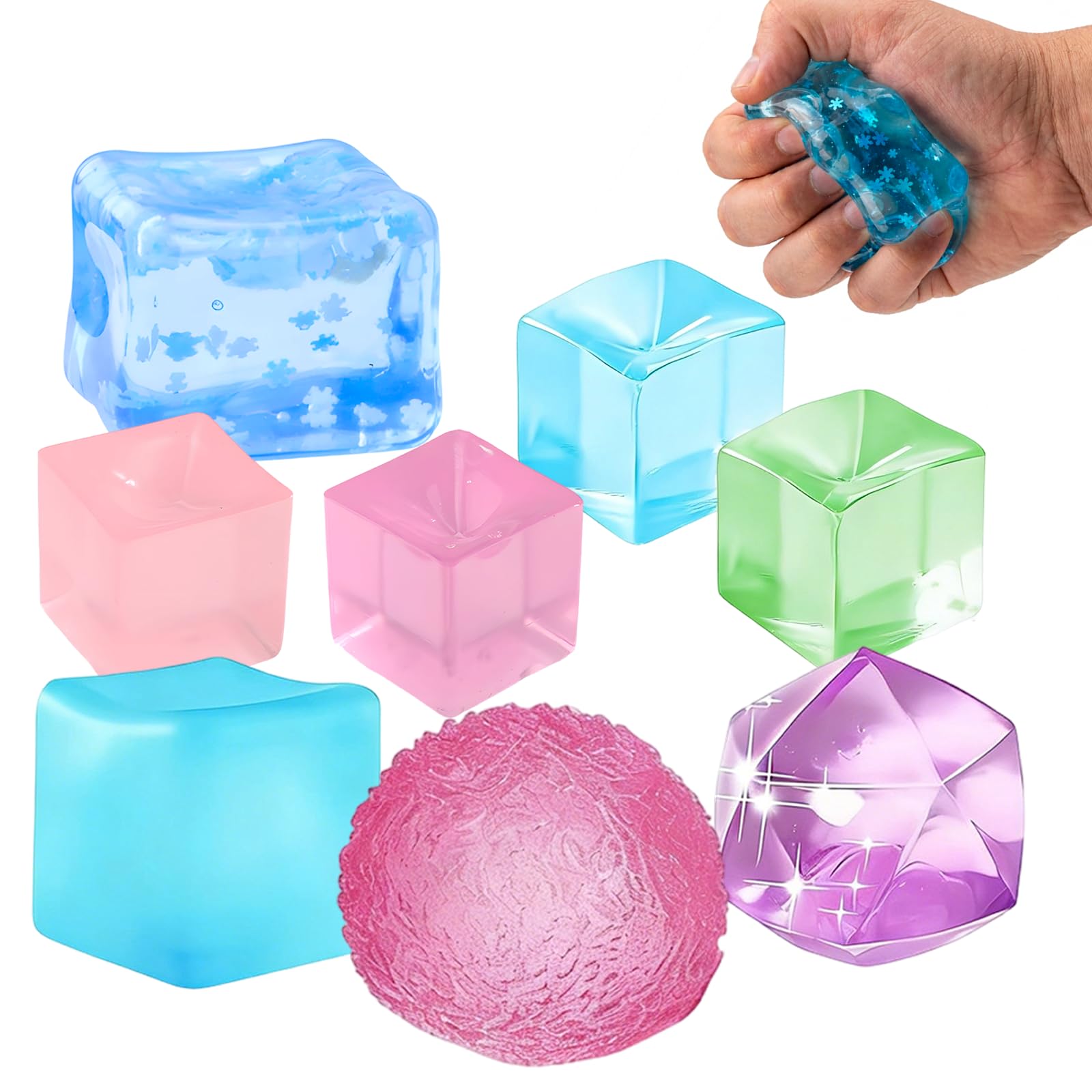8Pcs Ice Cube Squishy, Malt Sugar Ice Cube Squishy Cube, Stress Cube for Office, School and Travel, Sensory Squishy Cubes with Assorted Colours and Textures