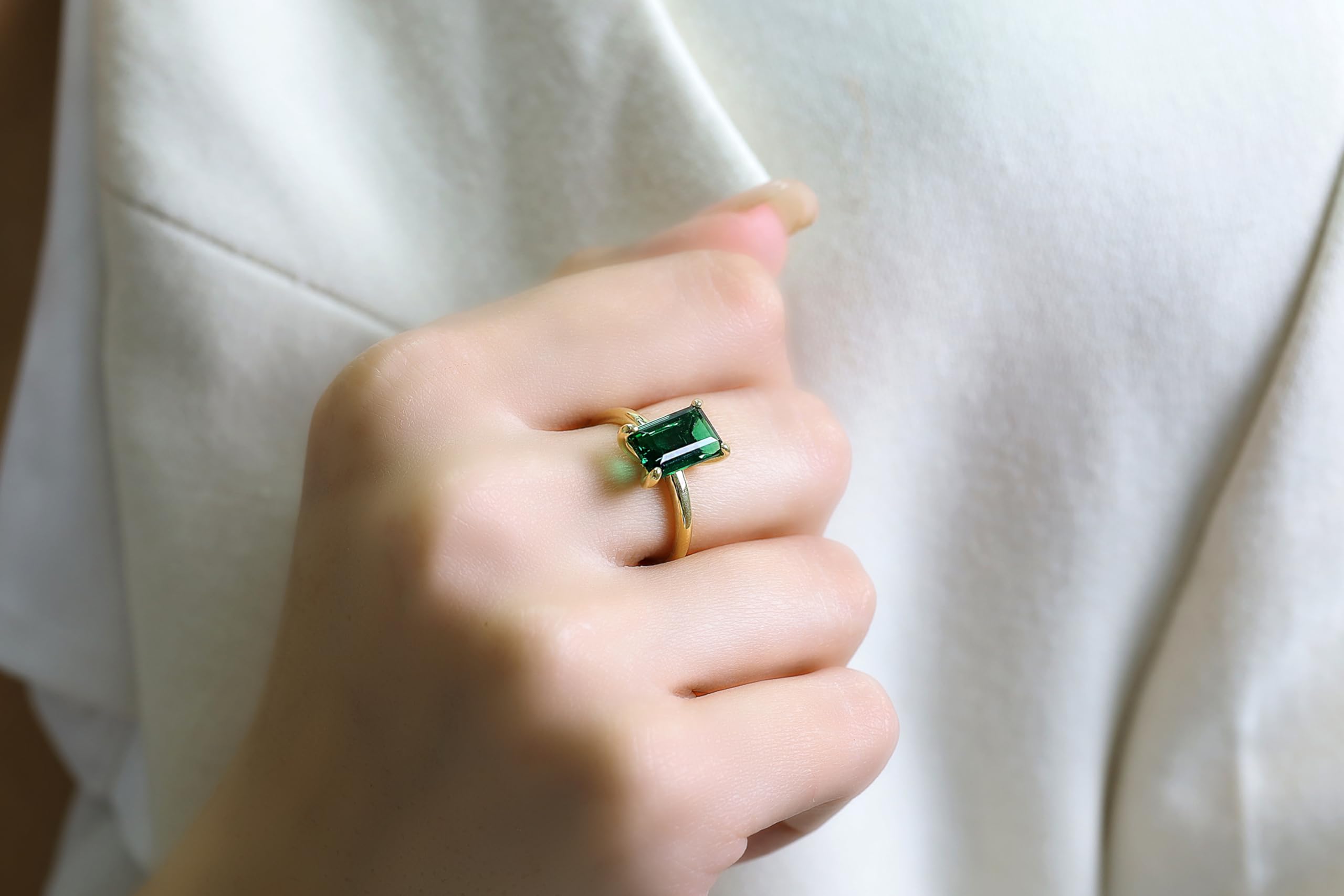 Anello Smeraldo Rettangolare - Anello di Fidanzamento Solitario Anniversario Pietra di Nascita - Anelli in Argento Artigianale per Donne - Scegliete la Vostra Misura e il Materiale - con Scatola