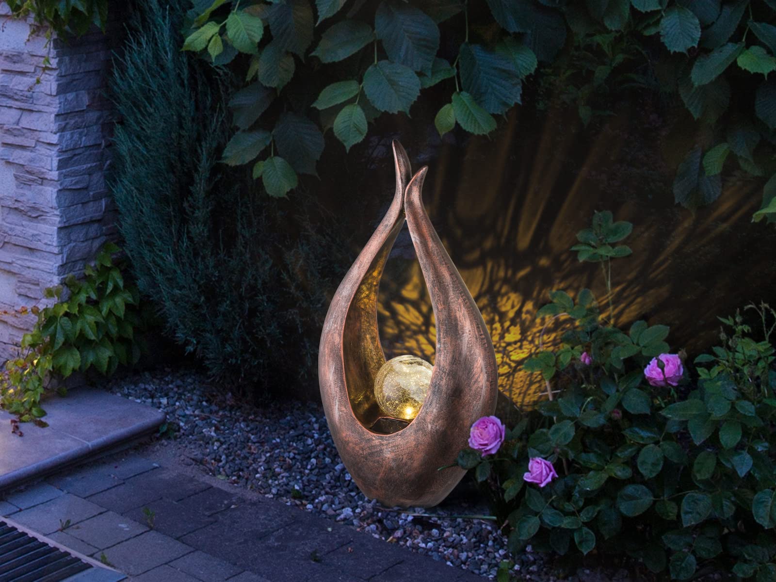Set di 2 luci solari a LED con sfera in vetro crackle, colore bronzo, altezza 50 cm, effetto pietra, altezza 30,5 cm
