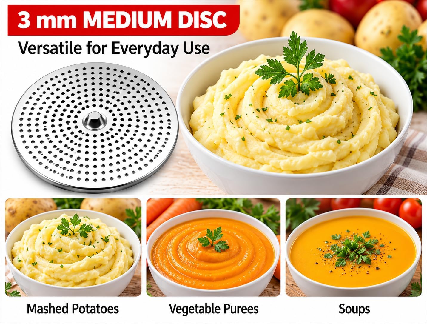 Stainless Steel Food Mill with 3 Discs| Food Mill for Tomatoes and Canning| Tomato Mill for Sauce| Food Strainer and Potato Ricer for Mashed Potatoes, Baby Food and Purees