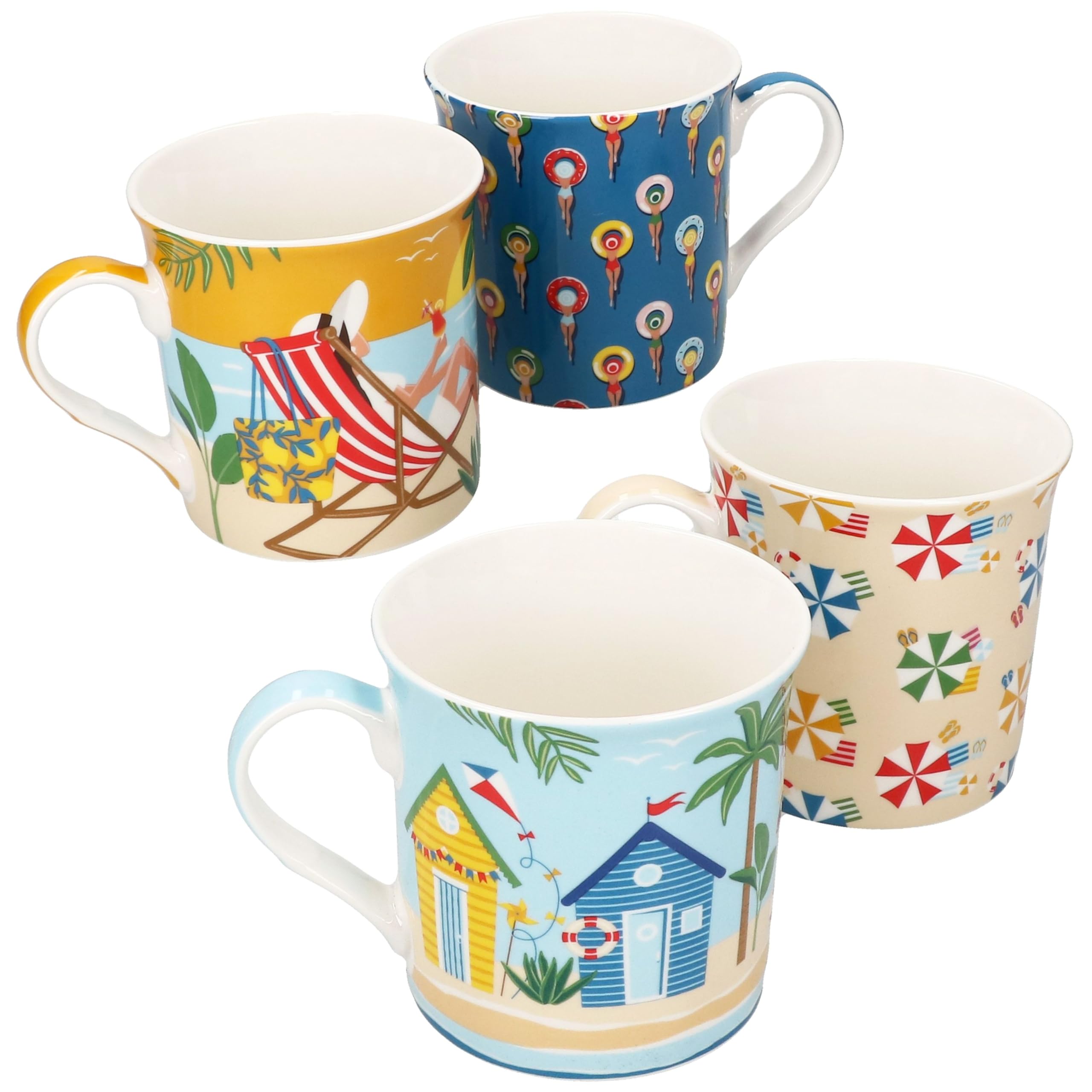 MamboCat Atmosphere - Set di 4 tazze da caffè in porcellana, 250 ml, 4 diversi motivi estivi, in confezione regalo, cilindriche per tè, cappuccino, cacao