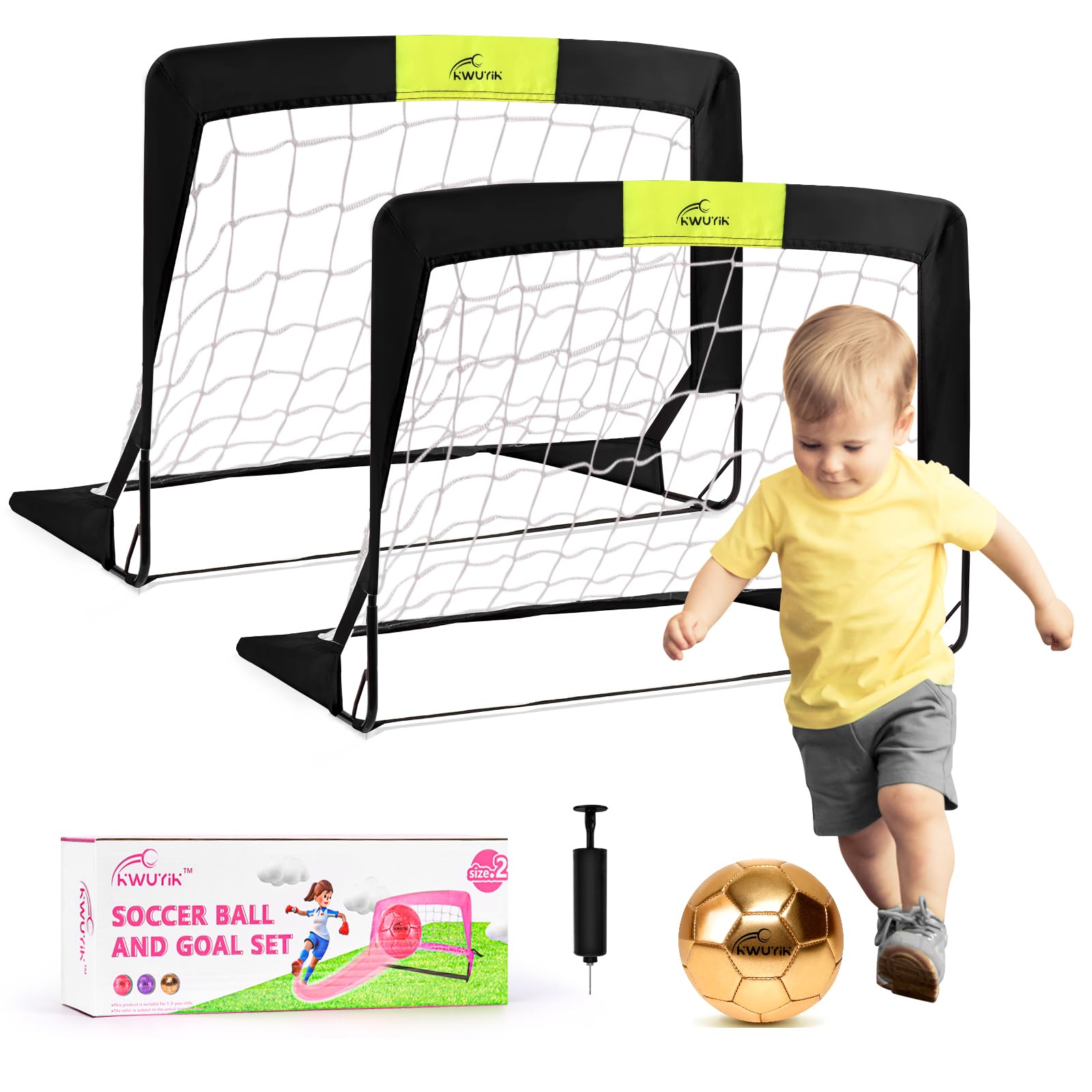 4Pcs Soccer Goals Set 2Pcs Soccer Nets 2x1.5ft 1Pcs Ball 1Pcs Pump Indoor Soccer Nets for Kids with Size 2 Toddler Soccer Ball Foldable Net with Pump