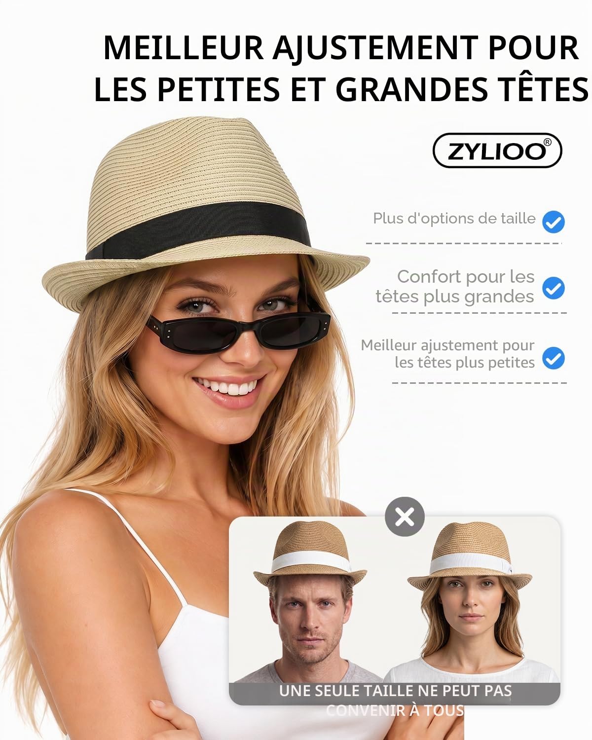 Zylioo Chapeau Fedora de paille 2XL XL L, chapeau cubain à grande tête avec bord court, chapeau trilby d'été pliable pour la plage et les voyages, Beige cubain, XL/XXL