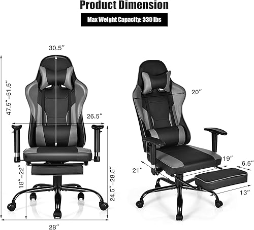 Miniatura 3 de GYMAX Silla para videojuegos, silla de juegos de computadora de respaldo alto con reposabrazos ajustables y soporte lumbar de masaje, silla de