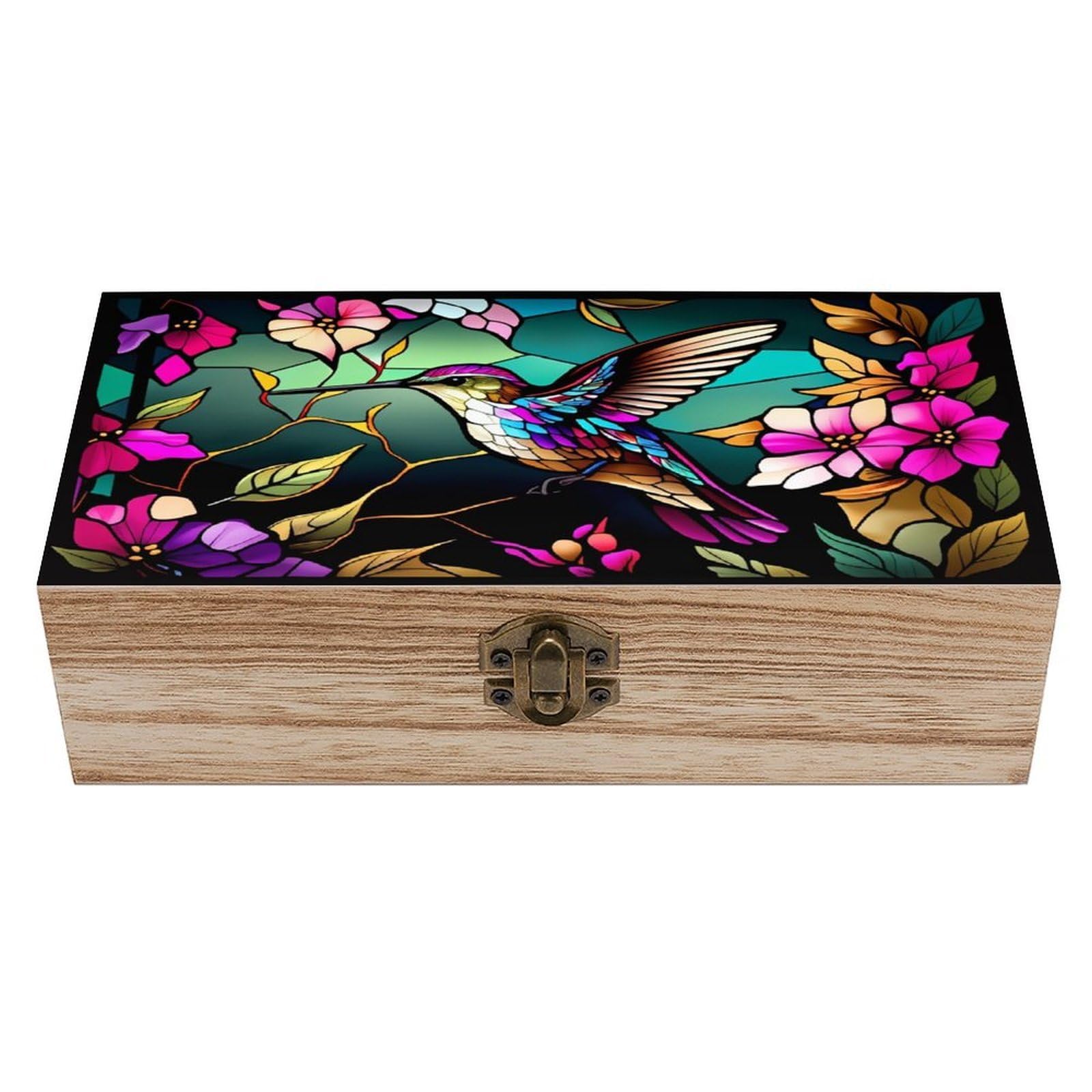 asbwuo Colorful Flower Hummingbird Vintage Wooden Keepsake Box