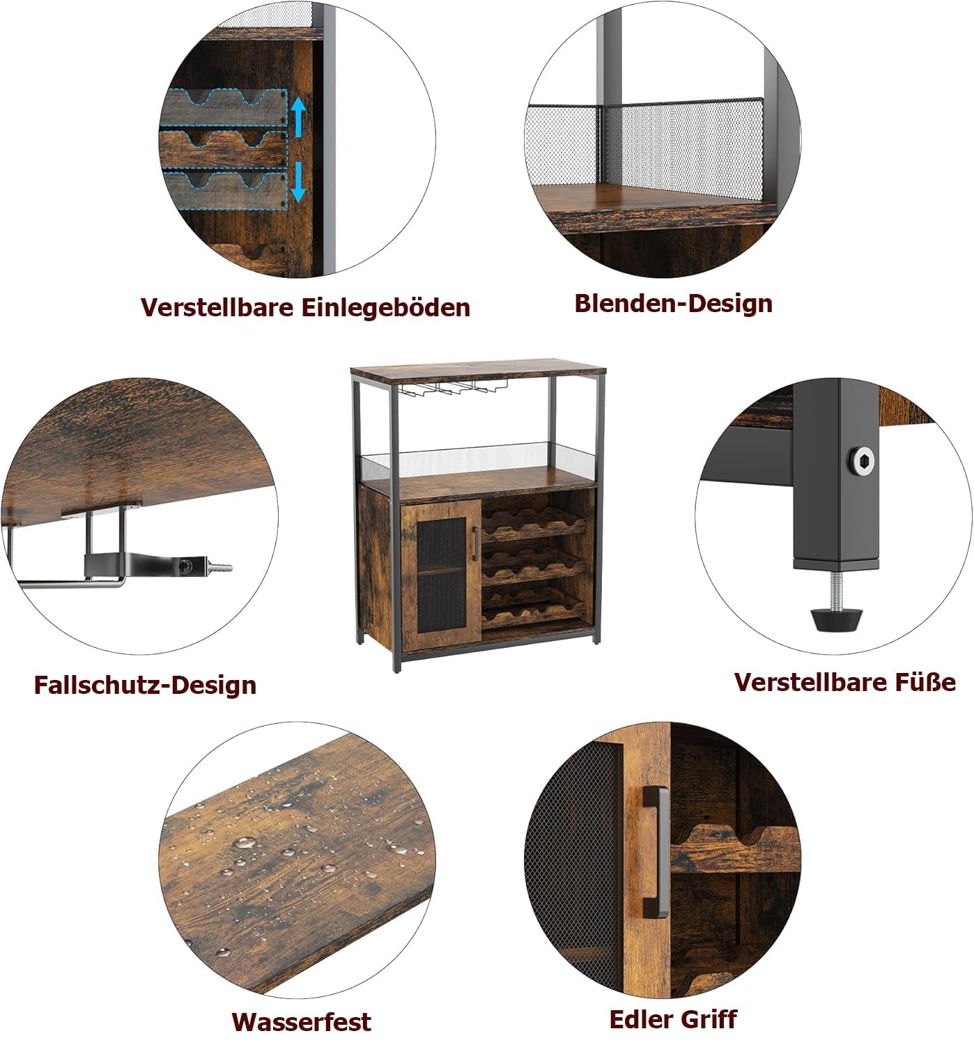 Zstar Armario para Vinos, Mueble Bar Industrial De 76 x 35 x 92 cm, Botellero Ajustable con Portavasos, Mueble Bar para Cocina, Comedor, Sala De Estar y Cafetería.