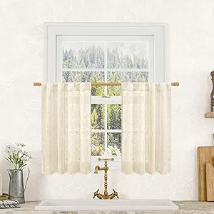 LAMIT Semi Sheer Beige Linen Curtains 36 Inch Length 2 Panels, Light Filtering Panels Back Tab and Rod Pocket Neutral Drapes for Bathroom/Kitchen/Loft Room, 25 x 36 Inch