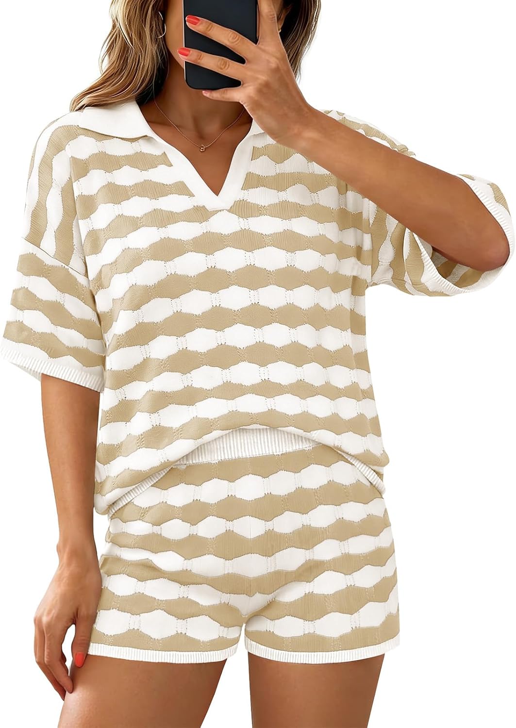 Yousify Womens Summer 2 Piece Sweater Sets Striped Knit Short Sleeve Collared V Neck Tops and Shorts Lounge Matching Set