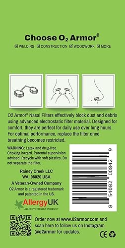 Miniatura 13 de O2 Armor Filtros de nariz para soldadores y alergias - Filtro de nariz para polvo - Filtros nasales para soldadura - Máscara de polvo de nariz