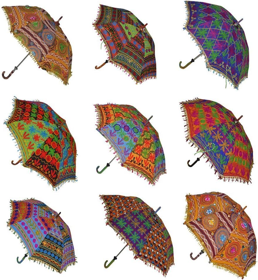 Wedding Umbrellas Indian Decorative Handmade Designer Cotton Fashion Multi-Colored Embroidery Boho Beach UV Protection Sun Parasol 10 Pcs Lot