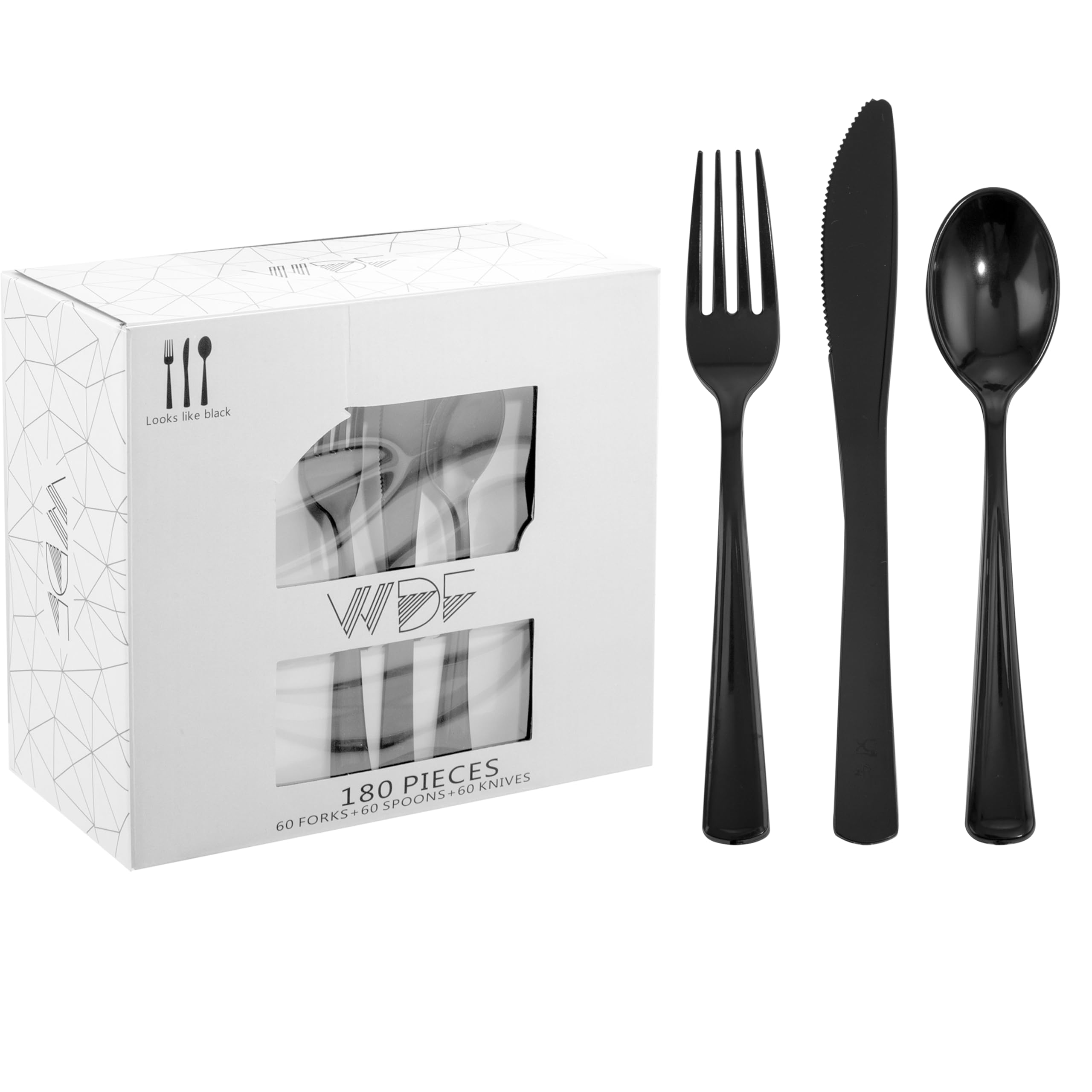 WDF 180 Pieces Black Plastic Silverware - Plastic Silverware Set Include 60 Forks, 60 Knives, 60 Spoons - Heavy Duty Black Disposable Cutlery - Disposable Utensils for New Year, Wedding