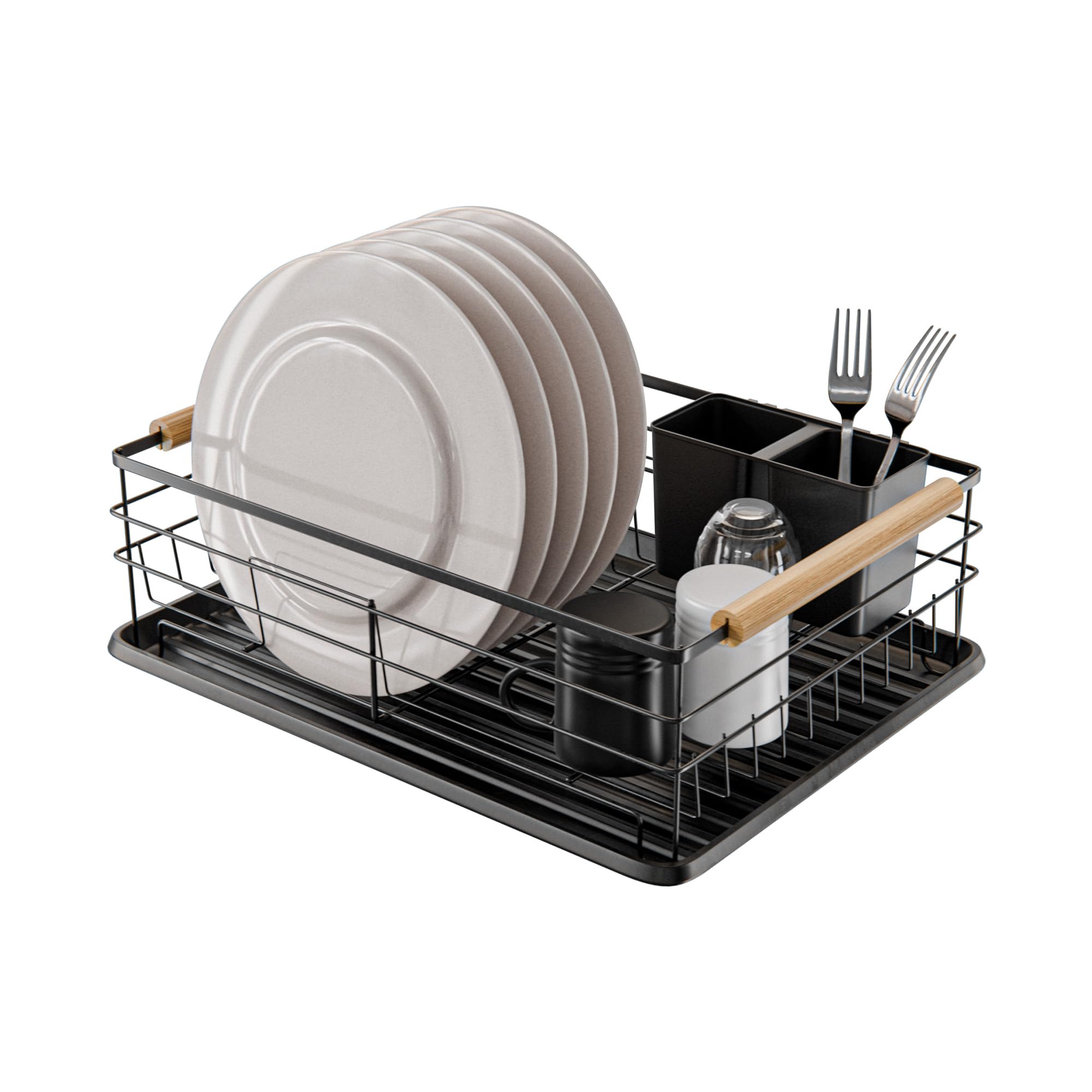 Amig - Scolapiatti Graz - 42 x 31,5 x 15 cm - Acciaio con Manico in Legno - Colore Nero - Scolapiatti con Vassoio di Sgocciolamento e Supporto per Posate - Capacità per 10 Piatti e 6 Bicchieri
