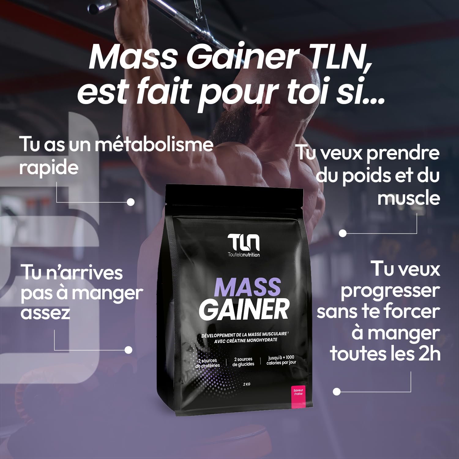 MASS GAINER | Gainer Prise de Masse Musculation | Créatine | +1200 kcal par jour | Protéines Whey & Caséine + Glucides Avoine & Maltodextrine + MCT | 20 Portions par Doypack de 2 kg | Fraise | TLN