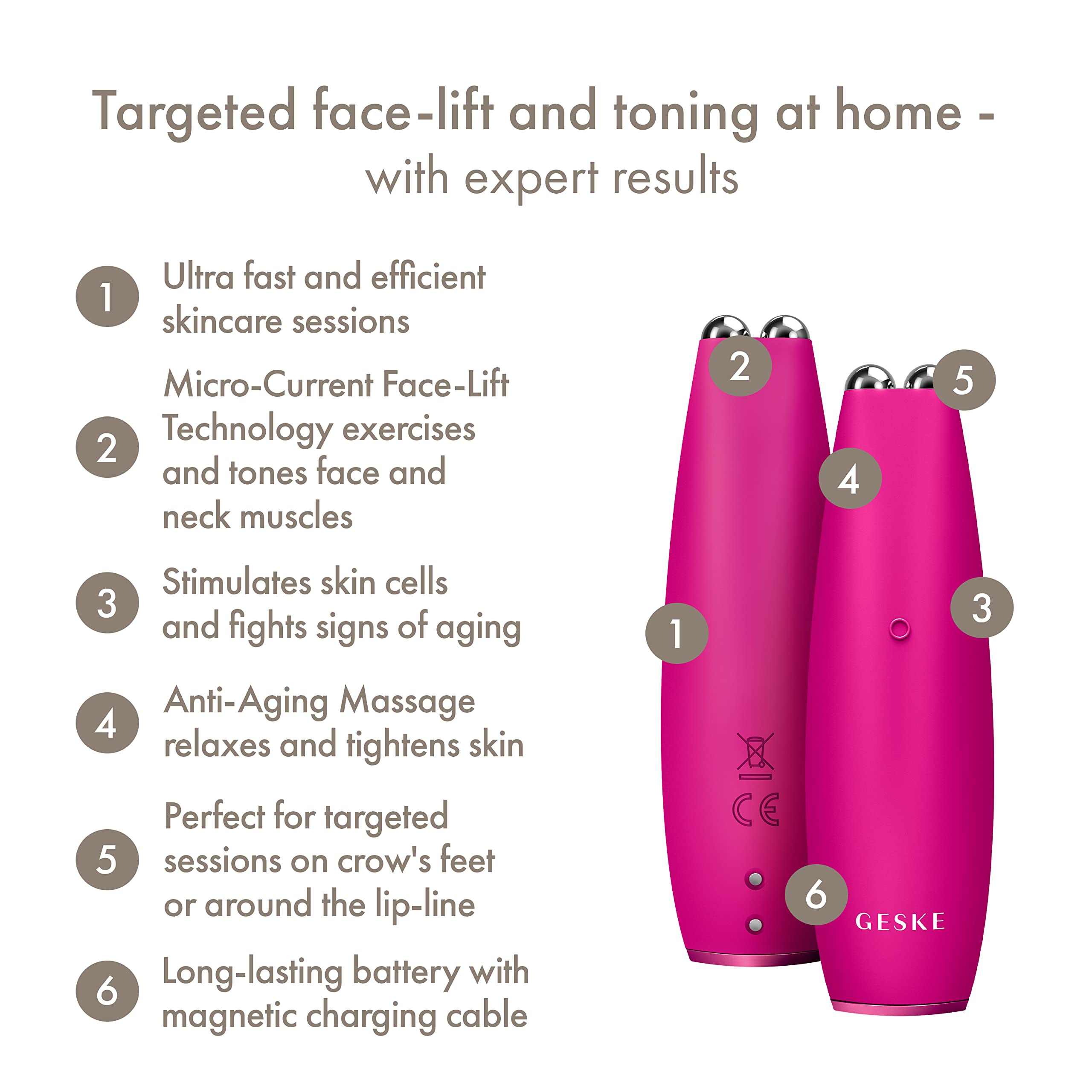 GESKE SmartAppGuided MicroCurrent Face-Lift Pen | 6 in 1 | Anti-aging device | Instant face lift | Skincare tool | Remove wrinkles for firm & youthful skin | Advanced smoothing facial firmer - Image 2
