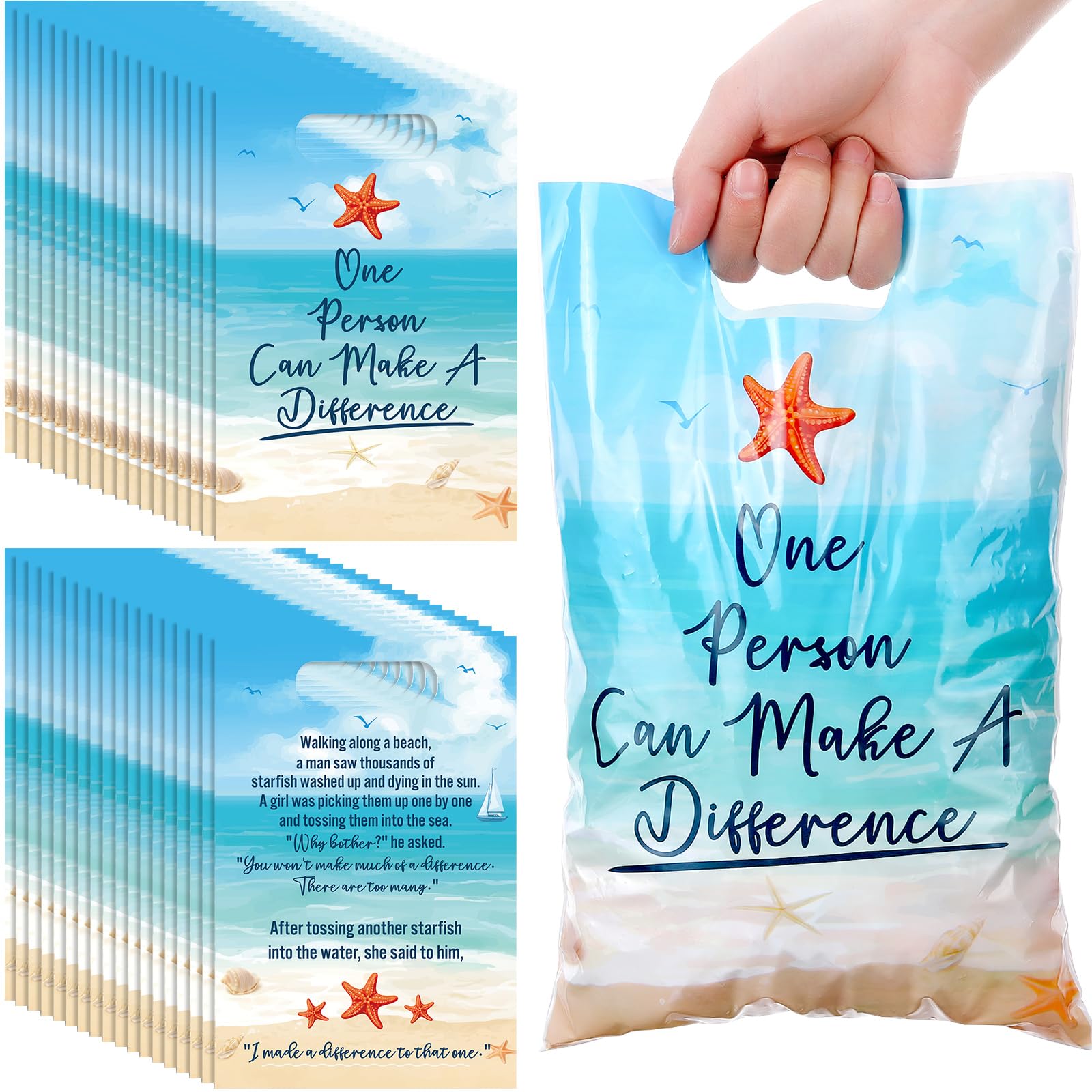 Panelee 50 Pieces Starfish Story Gift Bags Plastic Goody Bags with Handles One Person Can Make a Difference Treat Bags Inspiring Candy Gift Bag for Teachers Staffs Volunteers โ image 1