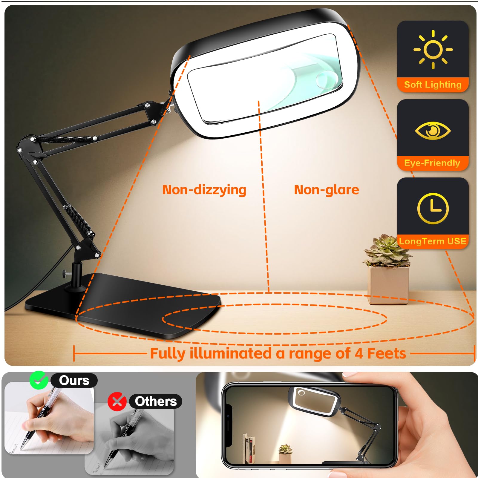 NZQXJXZ 10X 30X Lupa con Luz con Soporte, Lupa de Lectura Grande | Lente Acrímica HD de 15 cm, 3 Modos de Luz, 10 Niveles de Brillo, Brazo Flexible y Base Estable para Lectura y Manualidades