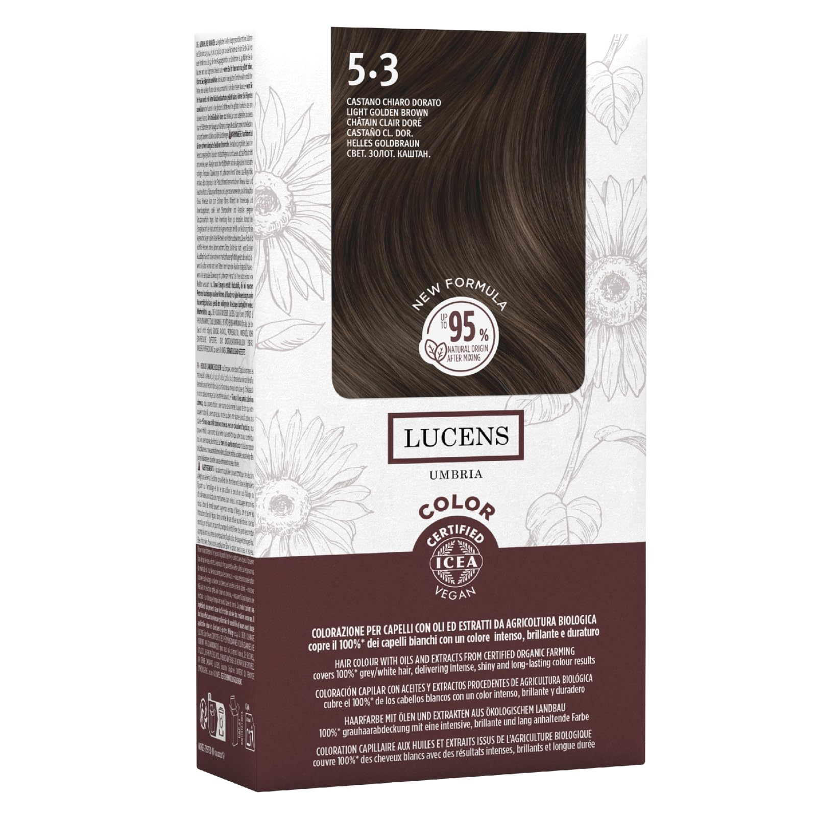 Lucens Umbria – Ammonia-Free Permanent Hair Color Vegan Kit, Natural Extracts, Soothing, Moisturizing & Protective Formula (5.3 Golden Light Brown)