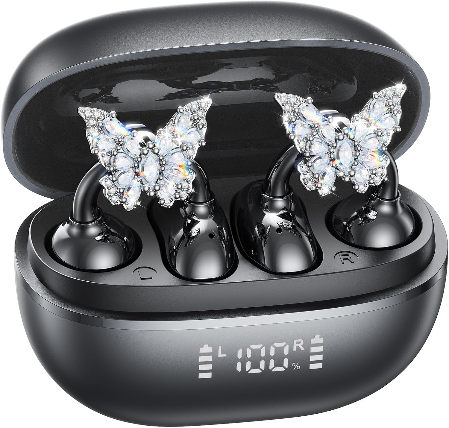 Kinglucky ClipFree A20 Open-Ear Earbuds with Butterfly Earrings, Secure & Comfort Fit, Premium Sound Clip-On Earbuds with Digital Display, 50H Playtime Bluetooth 5.4 Wireless Headphones Black