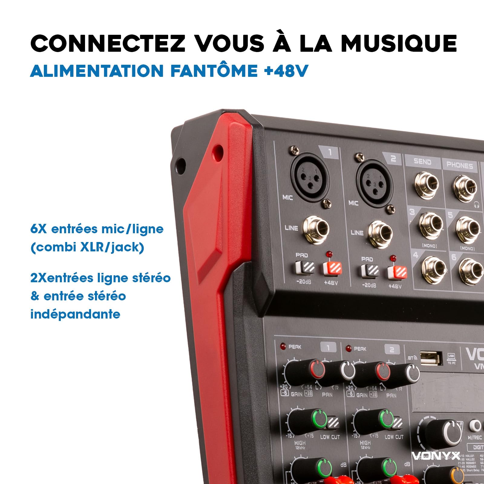 Vonyx VM-KG06 Console de Mixage 6 Canaux - Avec Bluetooth, Lecteur MP3, Interface Audio USB, Processeur de Son, Alimentation Fantôme, Écran LED, Idéal pour les Bars, Petite Salles de Concerts