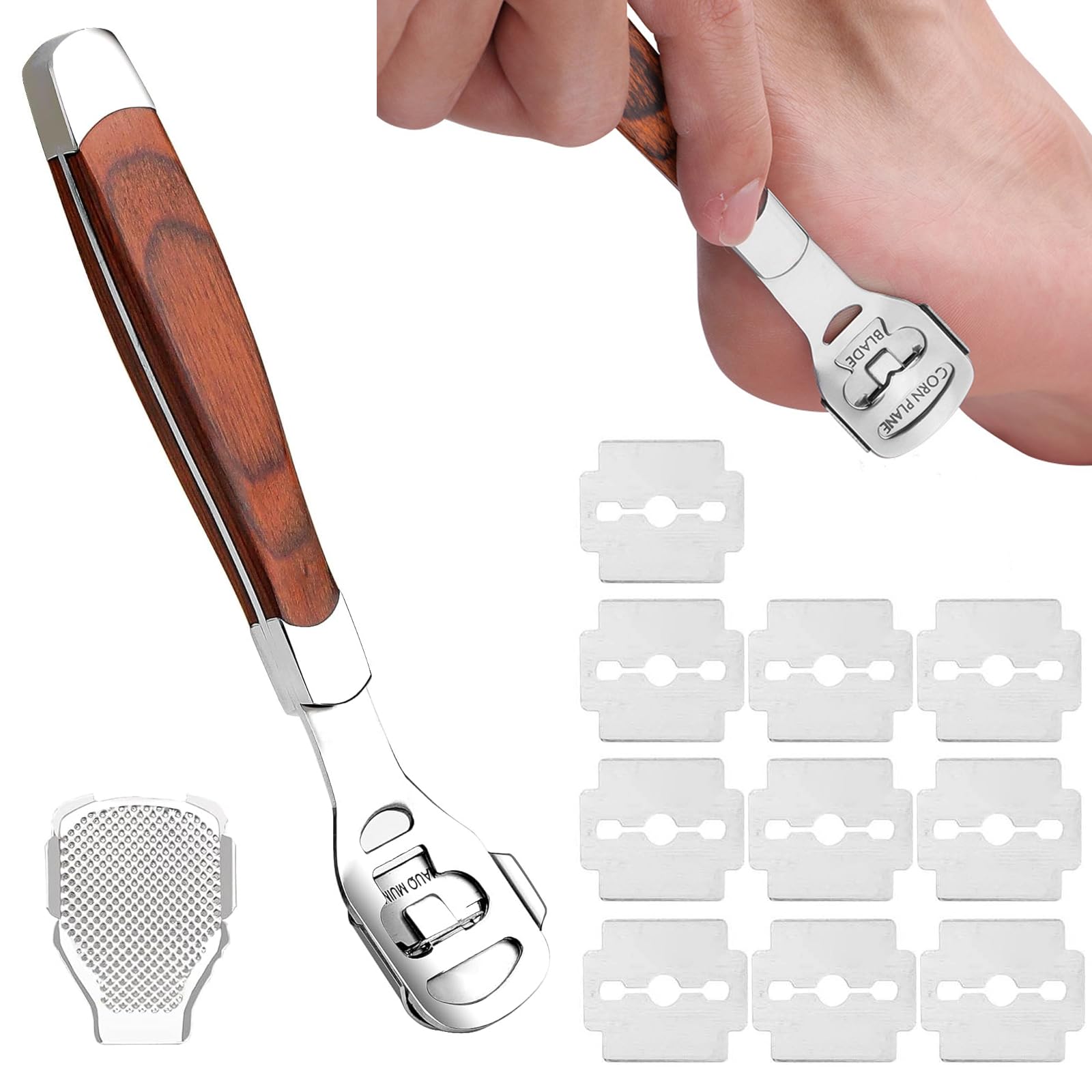 1 Kit per Pedicure con 10 Lame, Raschietto per Rimuovere Calli e Pelle Morta, Manico in Legno, Kit per la Cura dei Piedi Professionale, Rimuove Calli e Duroni, per Cura Personale e Salone