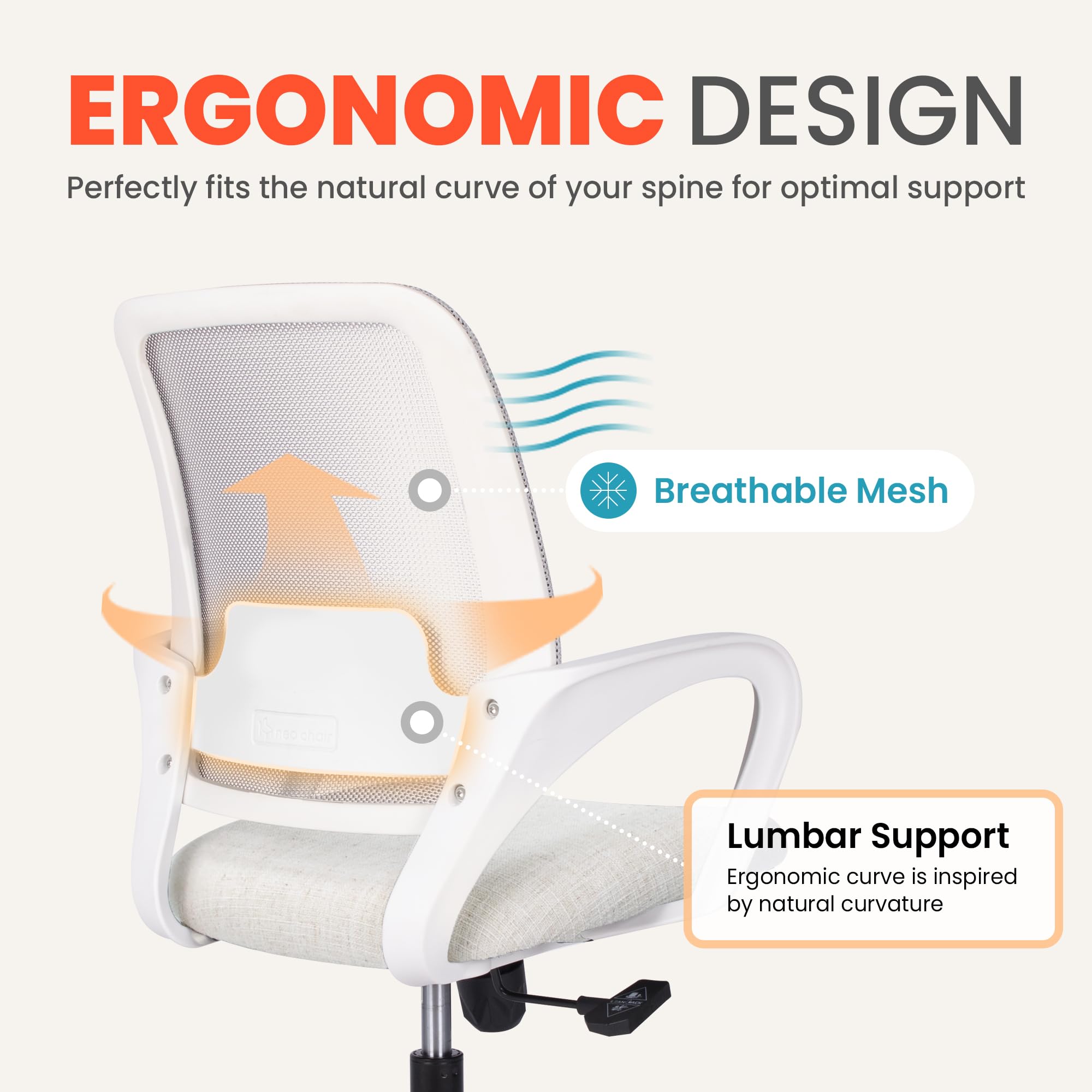 NEO Chair Office Desk Ergonomic Mesh Computer Chair with Lumbar Support Adjustable Height Swivel Rolling Wheels Comfy Mid — view 3