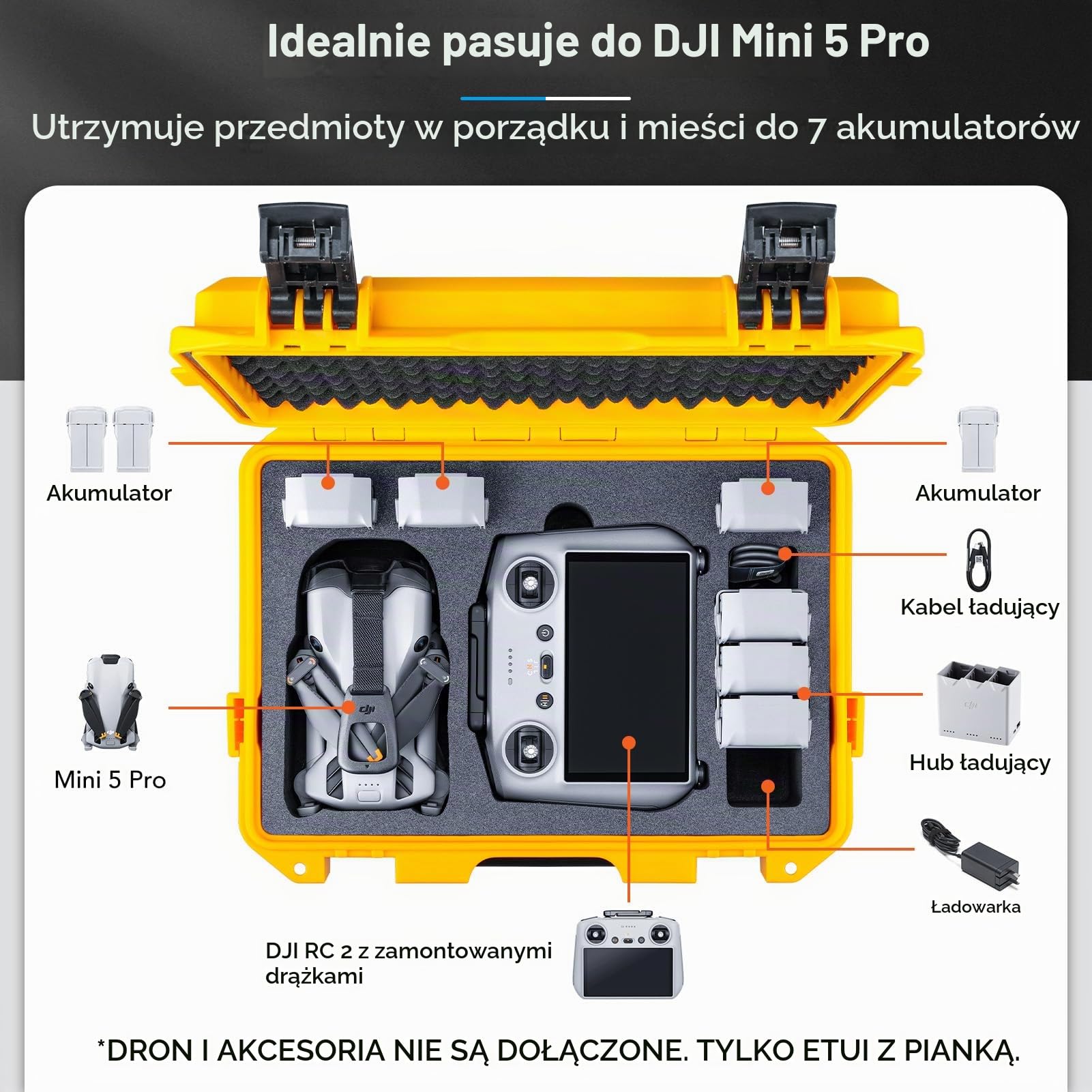Lykus Titan MM510 wodoszczelna torba/etui do DJI Mini 5 Pro i RC2/RC-N3, obsługuje 7 akumulatorów i pasek do noszenia RC [TYLKO walizka]