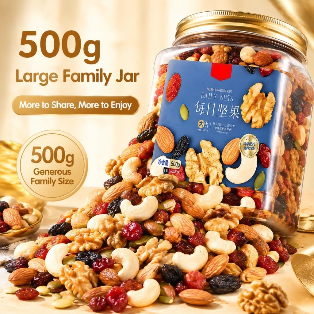 500g Przekąska Z Mieszanymi Orzechami I Suszonymi Owocami - 7 Składników (4 Orzechy + 3 Owoce), Naturalna, Bez Dodatków, Zamykany Słoik Do Pieczenia Przekąsek
