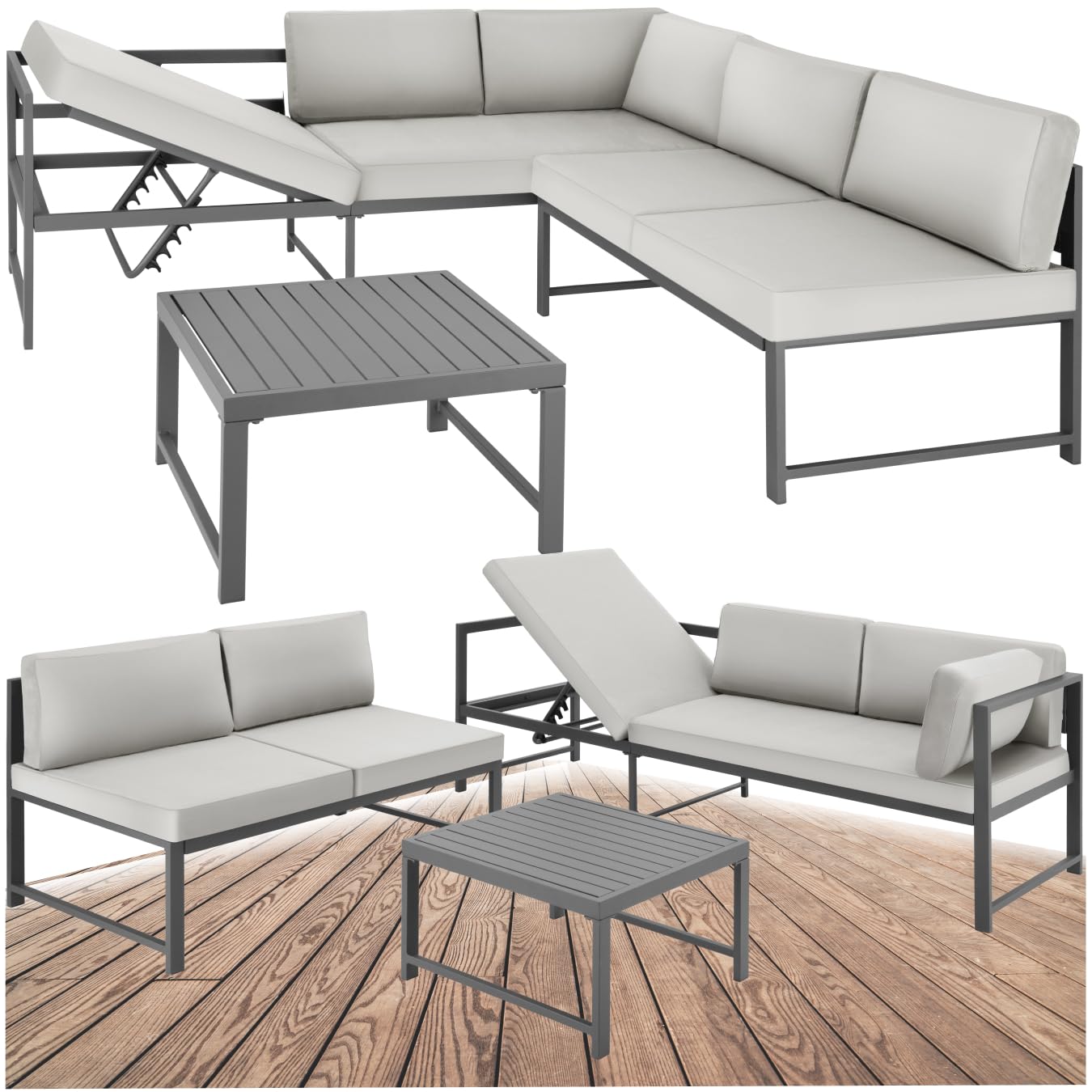 tectake® Set da Giardino, 2 Divani con Morbidi Cuscini, 1 Tavolino Salotto, Salotto da Giardino Esterno, Arredo Giardino per Esterno, Set Giardino Esterno Design Moderno - Grigio