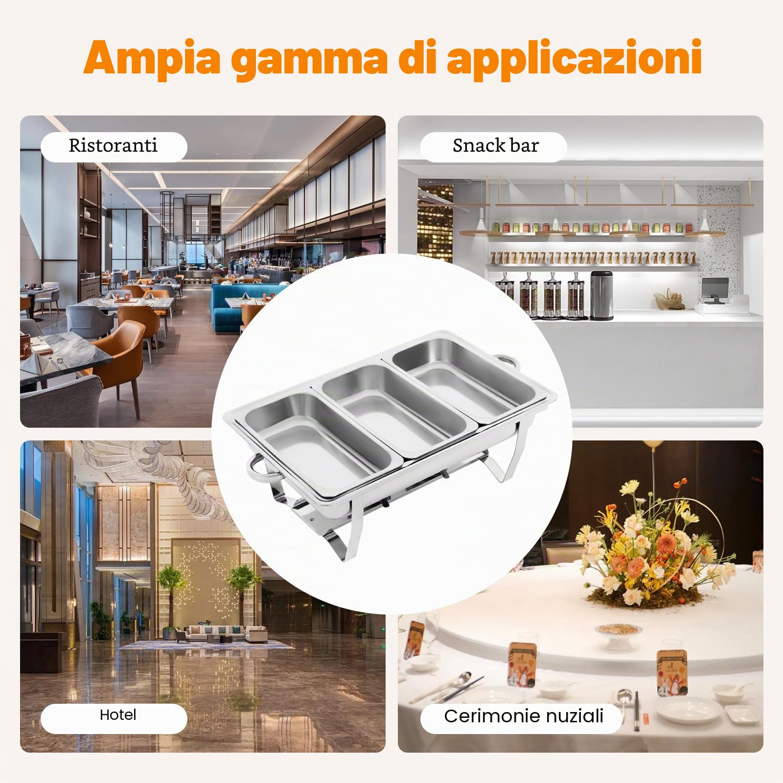 Set professionale per chafing Dish, Scaldavivande per Buffet Acciaio Inox 3x 9L, 52,8 x 32,5 x 9,2cm Contenitore Vassoio di Riscaldamento per Buffet Albergo Hotel Mensa Supermercato Ristorante