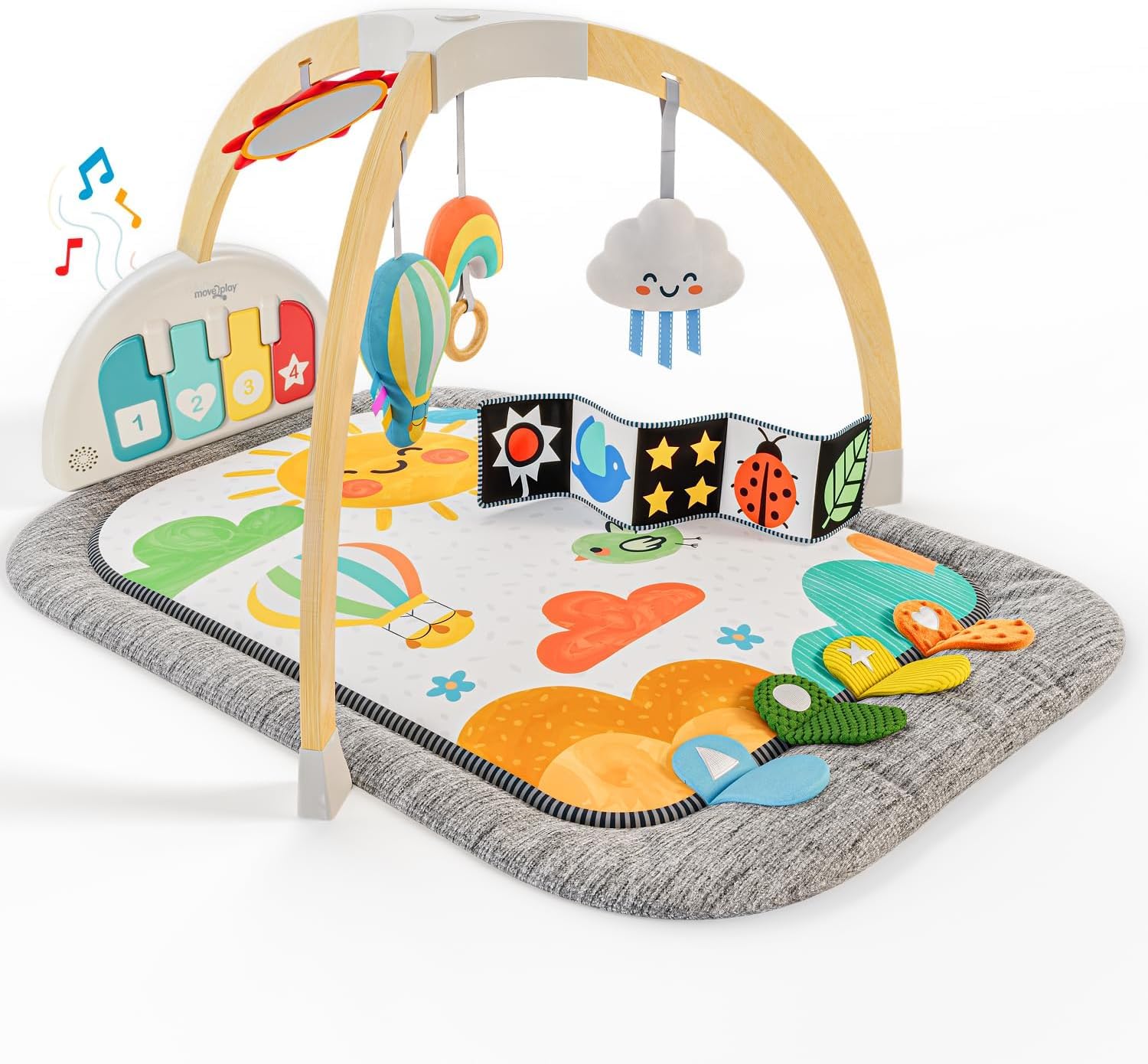 Move2Play, Palestra per bambini ispirata ai Montessori in legno, con pianoforte musicale, tappetino spesso e morbido, centro attività per la pancia, tappetino da gioco per neonati e neonati