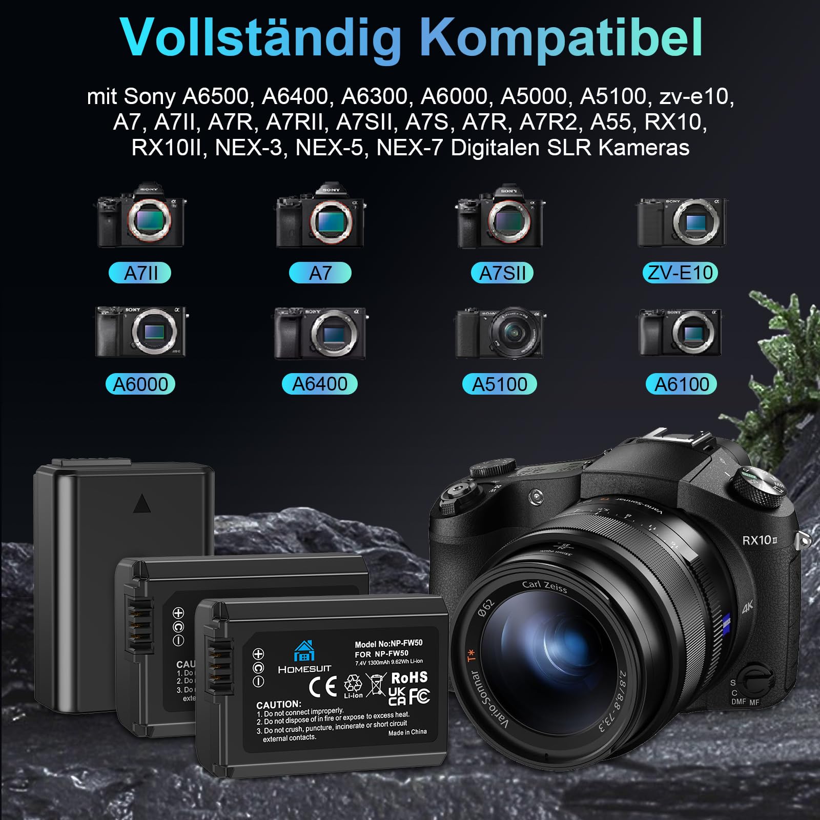 Homesuit NP-FW50 Akku 1300mAh & LCD Ladegerät Kit für Sony Alpha A6000 A6300 A6400 A6500 ZV-E10 7RM2 A7SM2 A7M2 A7II A7RII A7SII A55 A5000 A5100 A3000 RX10 II III IV NEX-3/5/6/7 NEX-F3 (3er-Pack)