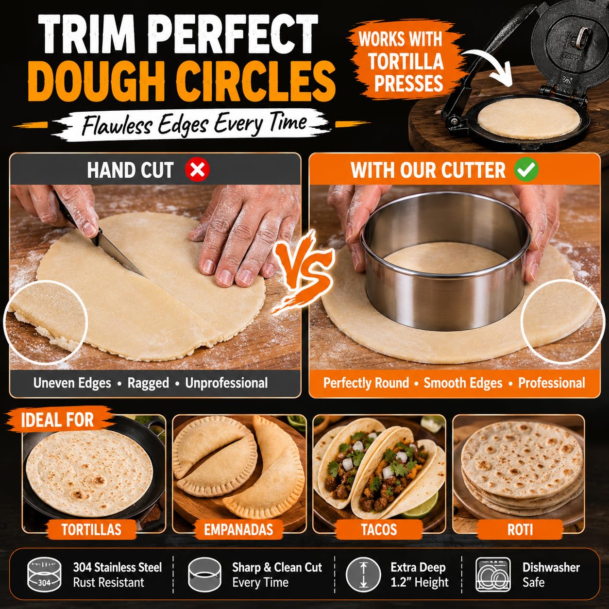 Juego de 6 cortadores redondos de galletas (2, 3, 3.5, 4, 5, 6 pulgadas) DOCZEN grandes cortadores circulares de acero inoxidable para hornear, galletas, pasteles, sándwiches, duraderos y fáciles de