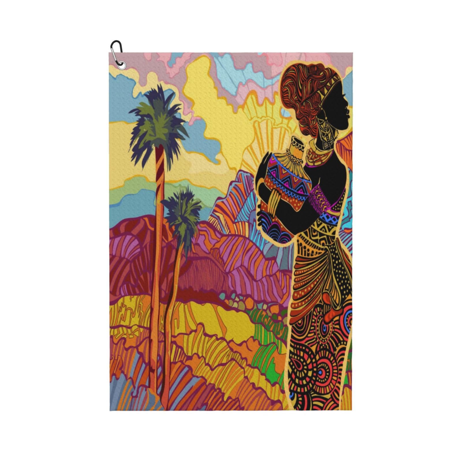 AOOEDM Beautiful African Woman Print Golf Towel with Carabiner Clip Absorbent Microfiber Golf Towel for Cleaning Golf Ball Club Putter Iron for Golf Bag Trolly Belt Loop 16" X 24"