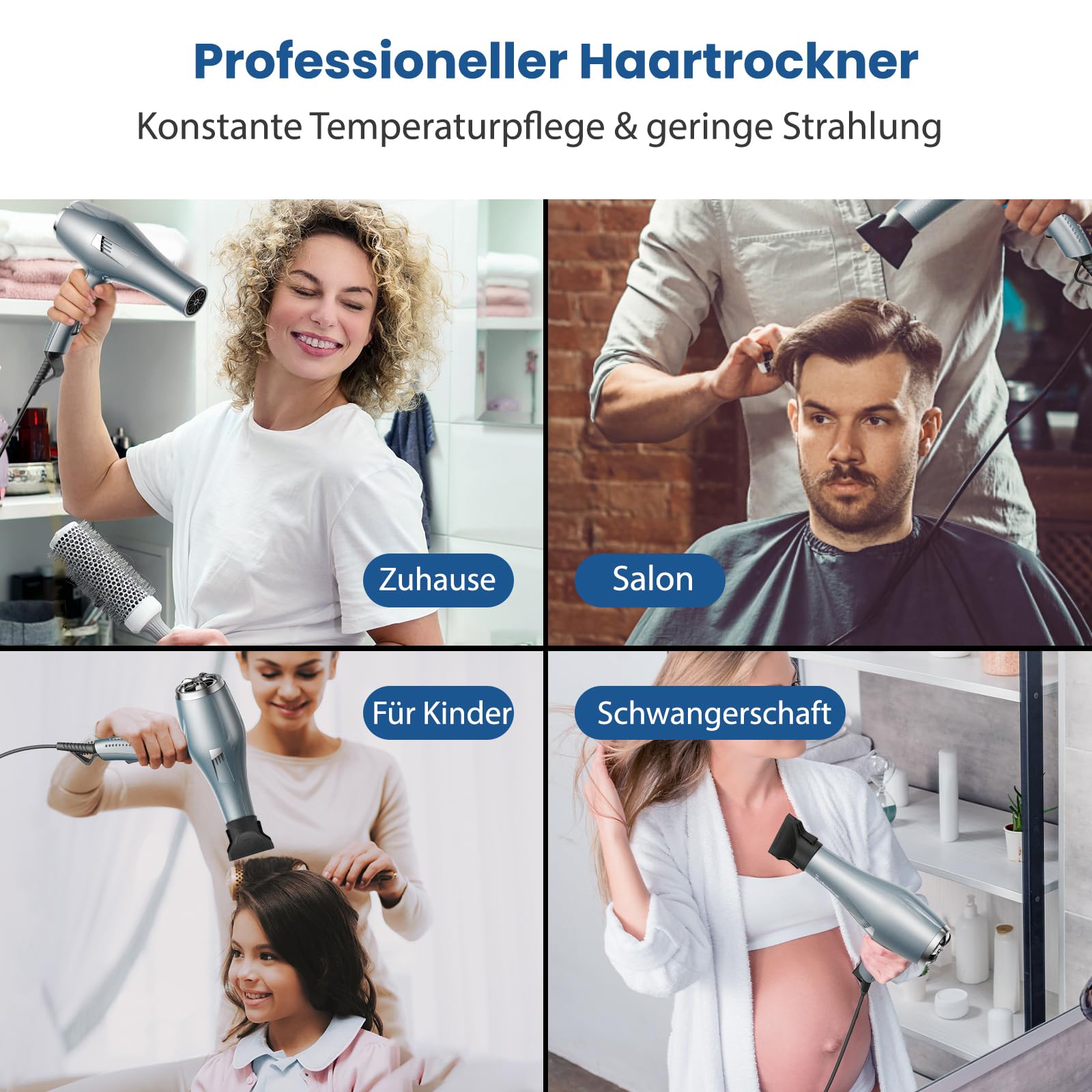 Profi Föhn Ionen Fön Haartrockner Hair Dryer Haarföhn mit 1 Diffusor 2 Stylingdüse, 3 Heiz und 2 Geschwindigkeitsstufen, 1.9 Meter langes Netzkabel, Starker Fön für Familie (blau) (Hellblau)