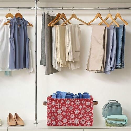 Miniatura 5 de Cesta de almacenamiento plegable, cubos organizadores con patrón de Navidad con copos de nieve blancos sobre fondo rojo, bolsa de doble asa para