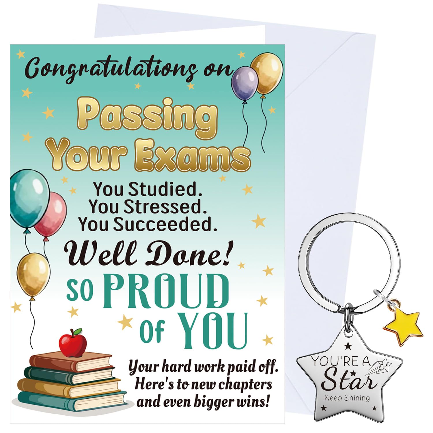 XINDY Exam Congratulations Card, Exam Results Gifts for Him, Her, Well Done Proud of You Congratulations on Passing Your Exams Card & Star Keyring