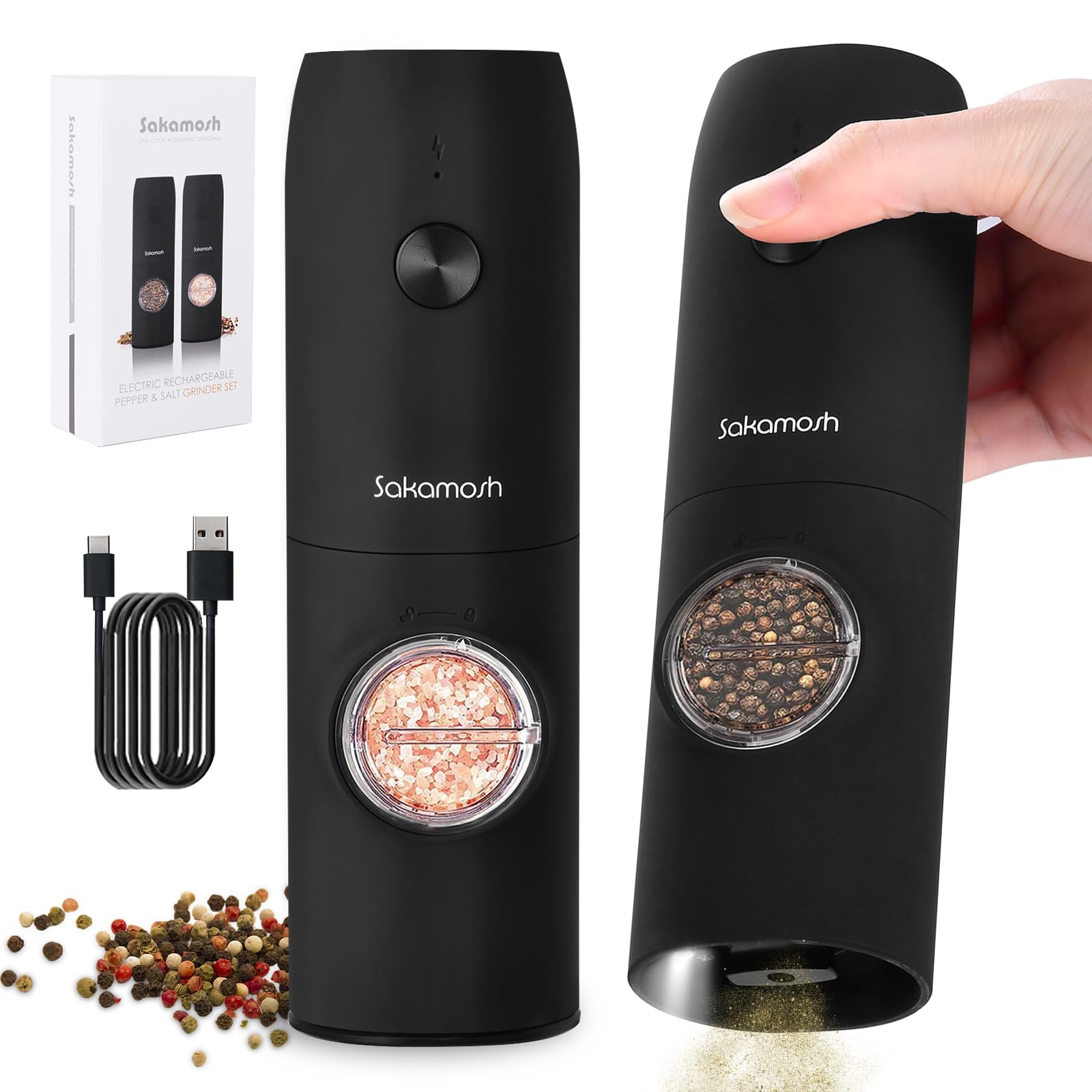 SAKAMOSH Electric Salt and Pepper Grinder Set, Rechargeable Pepper Mills with Adjustable Coarseness, LED Light, Automatic Salt and Pepper Shakers Refillable(2 Packs, Black)