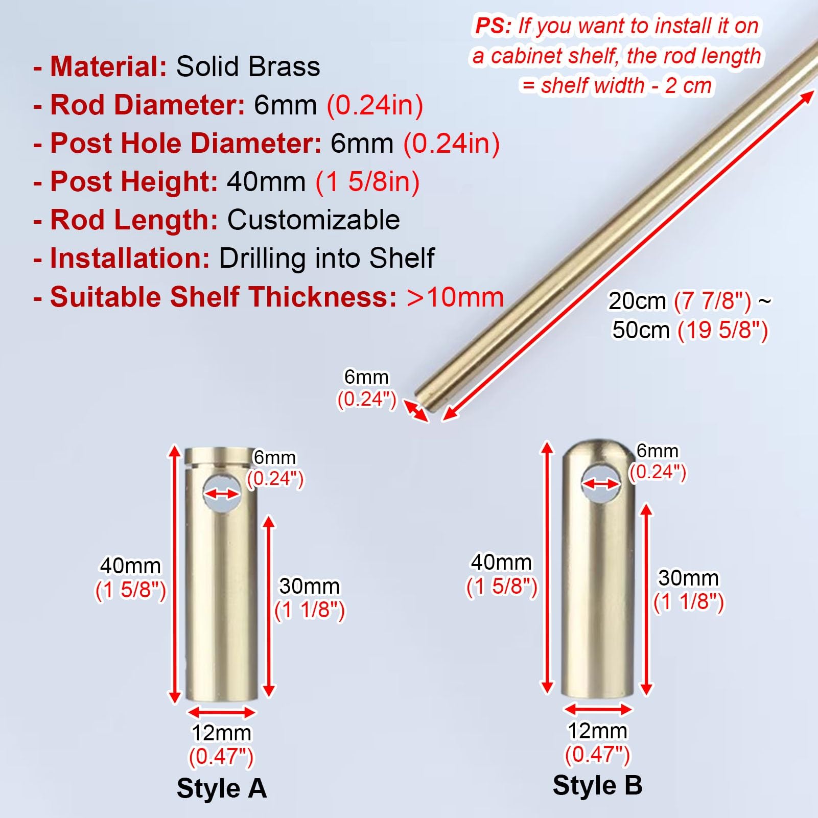 Barandilla de latón macizo de 8 a 20 pulgadas con 2 husillos, barandilla decorativa para vitrinas, barra de metal corta para estanterías seguras (estilo A, 34 cm)