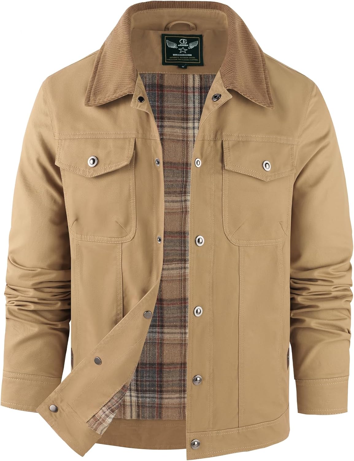 Flygo Mens Flannel Lined Shirt Jacket Cotton Corduroy Turndown Collar Snap Button Rugged Cargo Trucker Jacket Multi Pockets