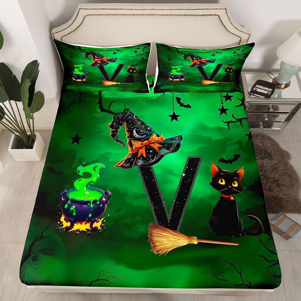 Erosebridal Halloween Letter V Sheet Set Gothic Full Size Bed Sheets for Toddler Boys,Initial A-Z Letter Personalized Monogrammed Green Bedding Set