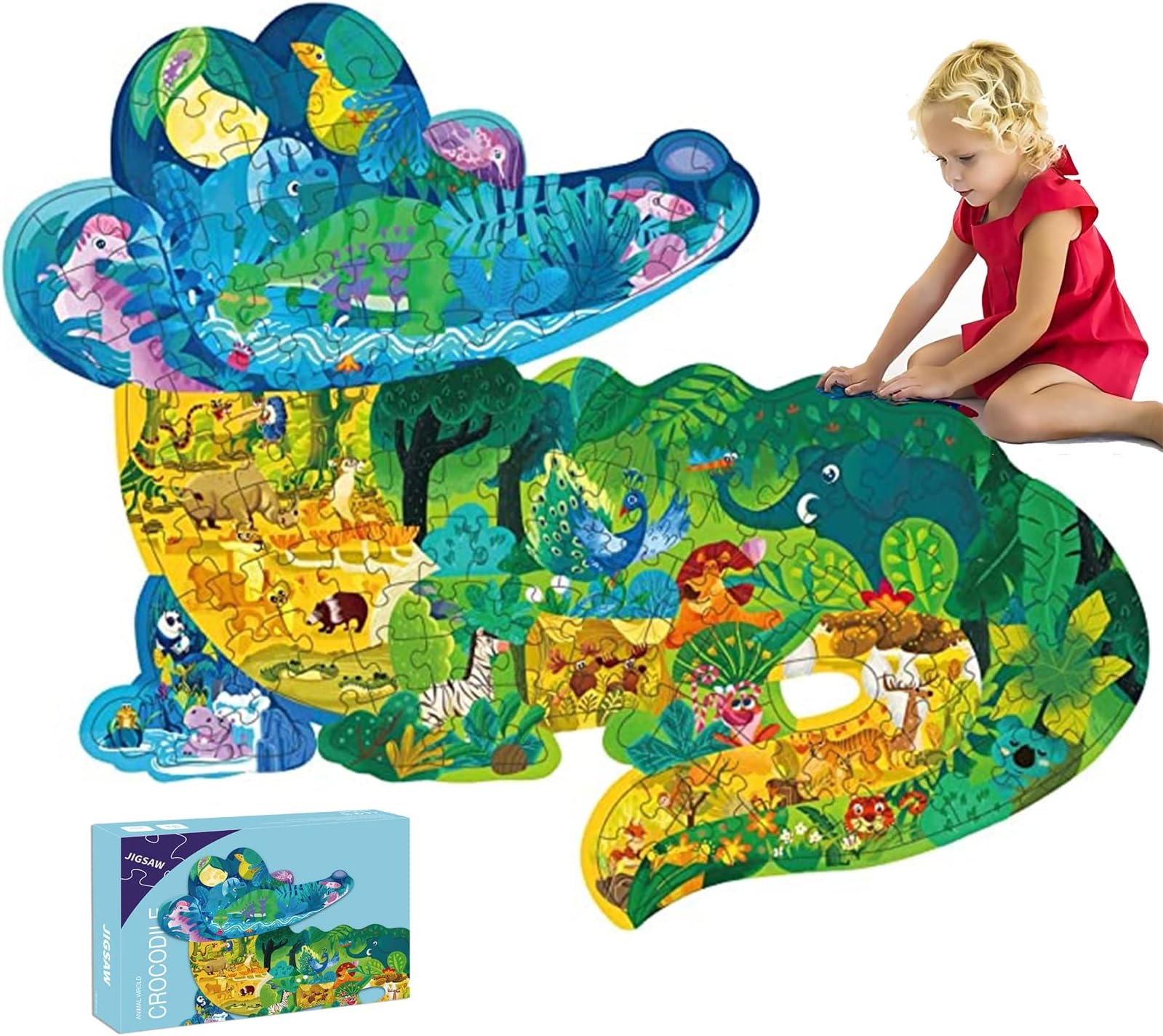 AM ANNA Puzzles for Kids Ages 3-8-10, Crocodile 154 Pieces Animal Shaped Jigsaw Puzzle for Boys Girls Ages 3 4 5 6 7 8 10 Learning Educational Birthday Easter Toys(Crocodile 154 Pcs)