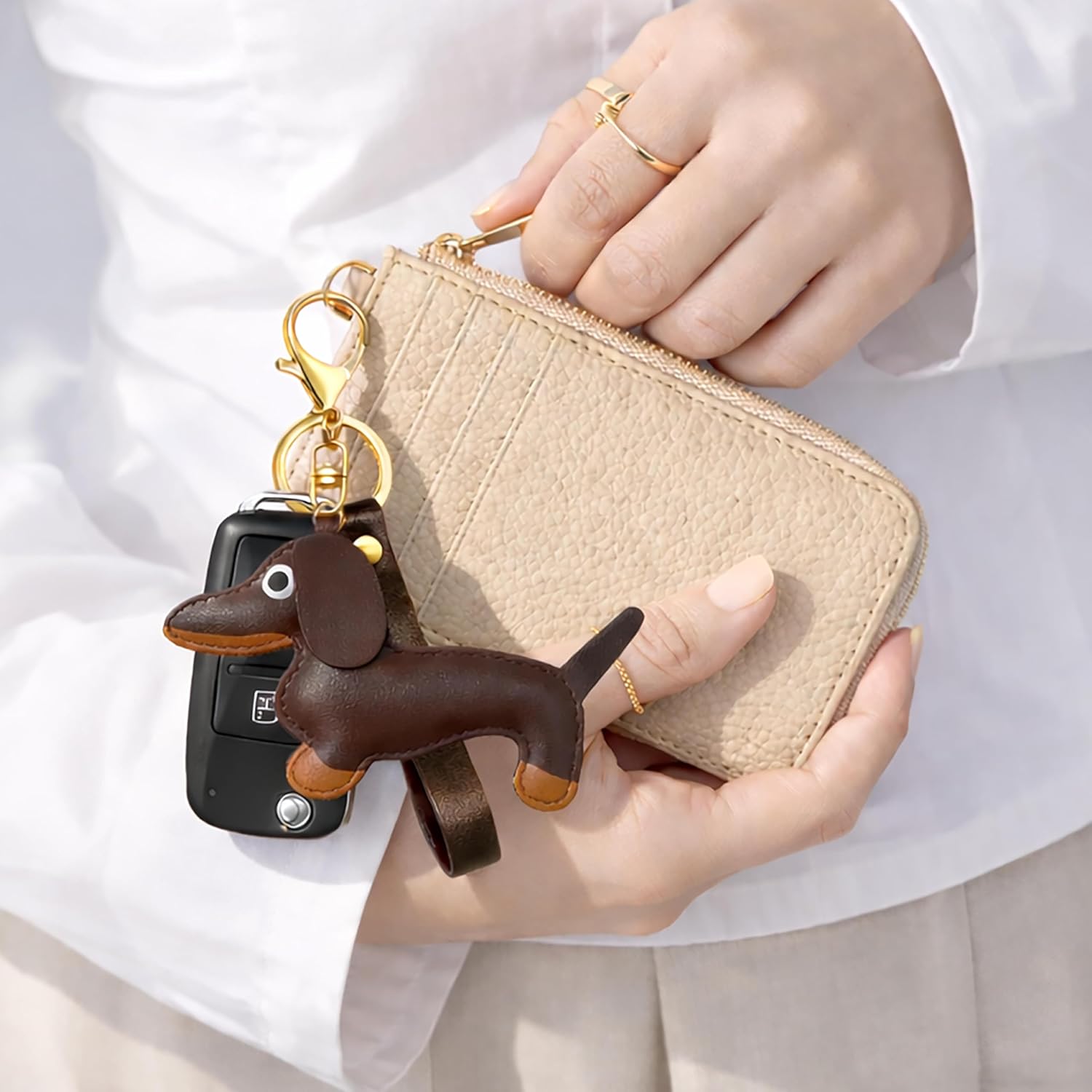 Leather Double-sided Dachshund Wristlet Keychain, Cute Sausage Dog Bag Charm, Weiner Puppy Purse Accessory - Image 2