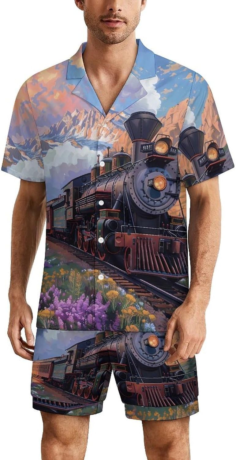 Steam Engine Train Men's Short Sleeve Pajama Set Satin Silk Like Lounge Sleepwear