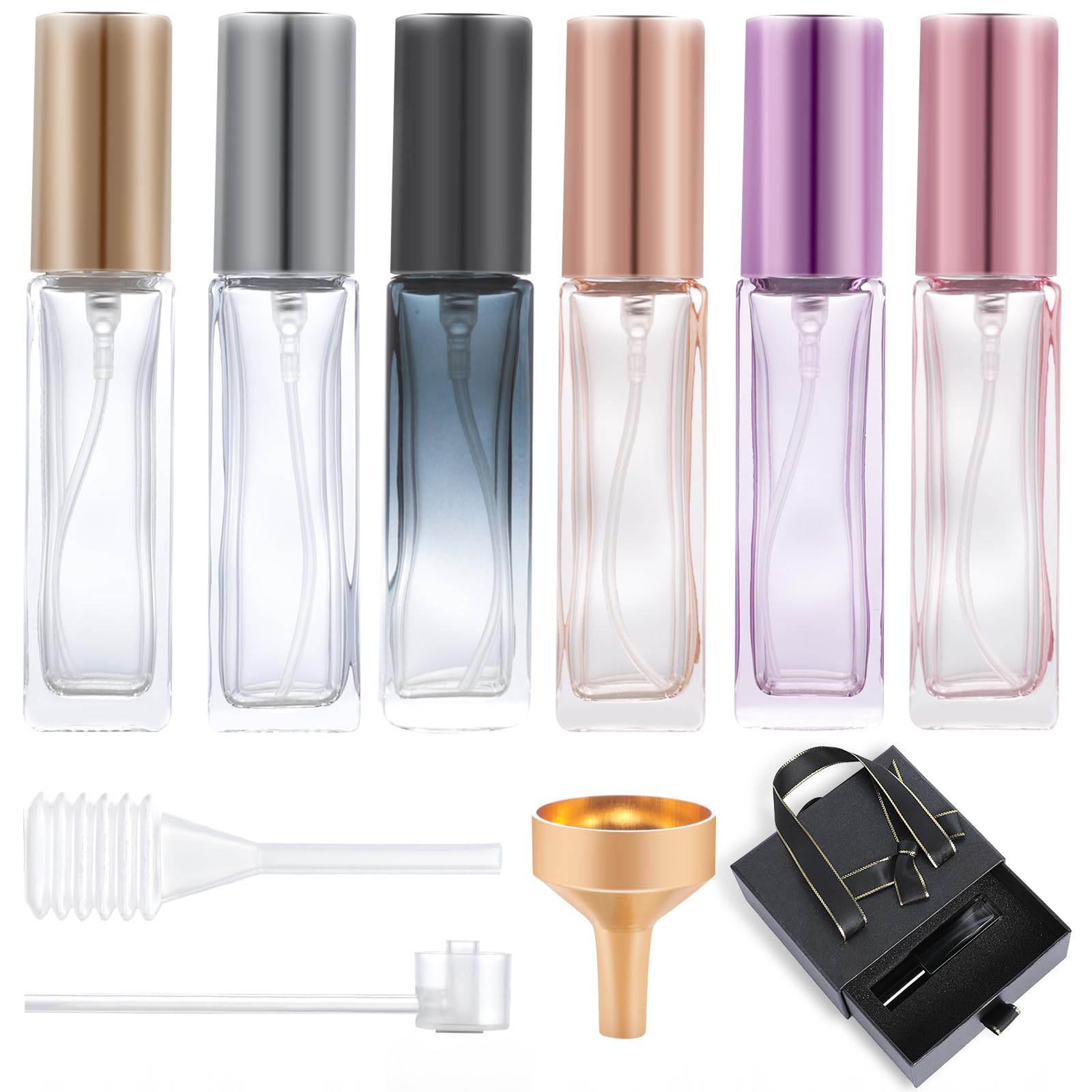 AiQInu 6 sztuk wielokrotnego ładowania podróżny pojemnik na perfumy 10 ml, pusta butelka z rozpylaczem z zakraplaczem i lejkiem, wielokrotnego użytku, przenośny dozownik parownika do podróży, na