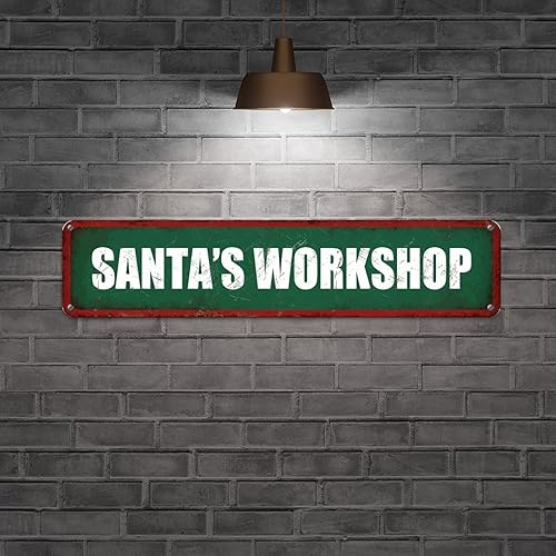 Vista 64 de Santa's Workshop North Pole Street Letreros personalizados de metal para exteriores, letrero de metal de bienvenida para Navidad, decoración