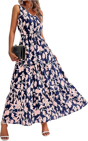 Womens Summer Dresses Casual Sleeveless V Neck Boho Floral Printed 2025 Elegant Long Dresses Beach Swing Sundresses