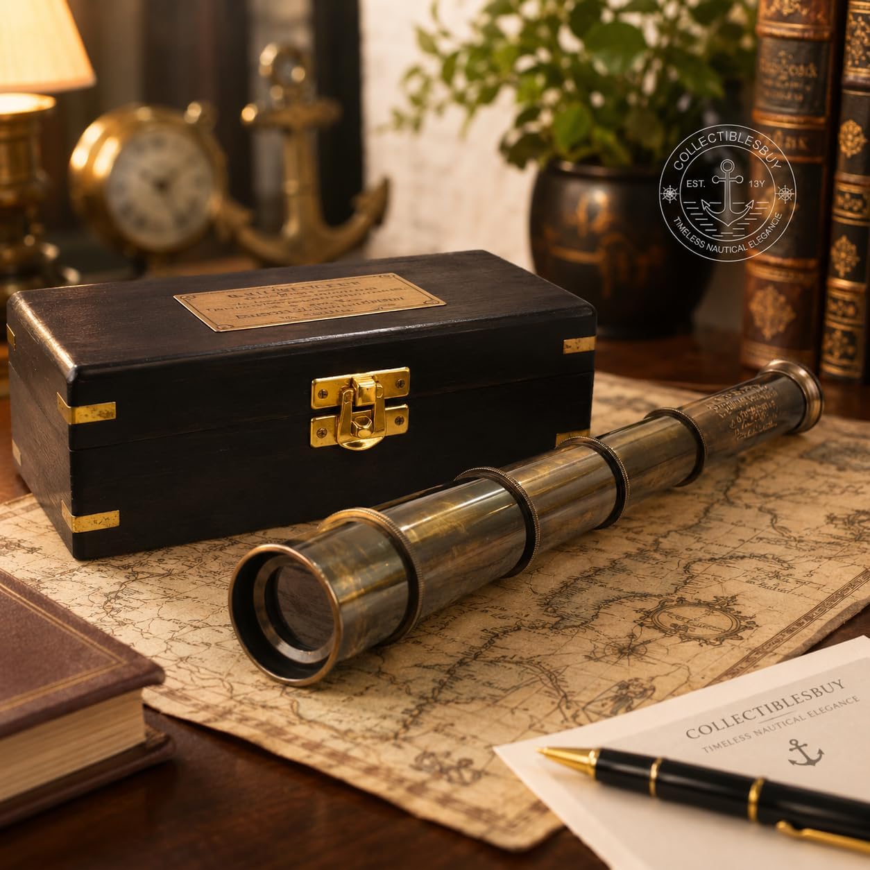 Vintage Handheld Telescope Nautical Maritime Scope for Hiking, Camping, Collectible Gift & Decor Antique Brass Pirate Spyglass 17" with Wooden Box