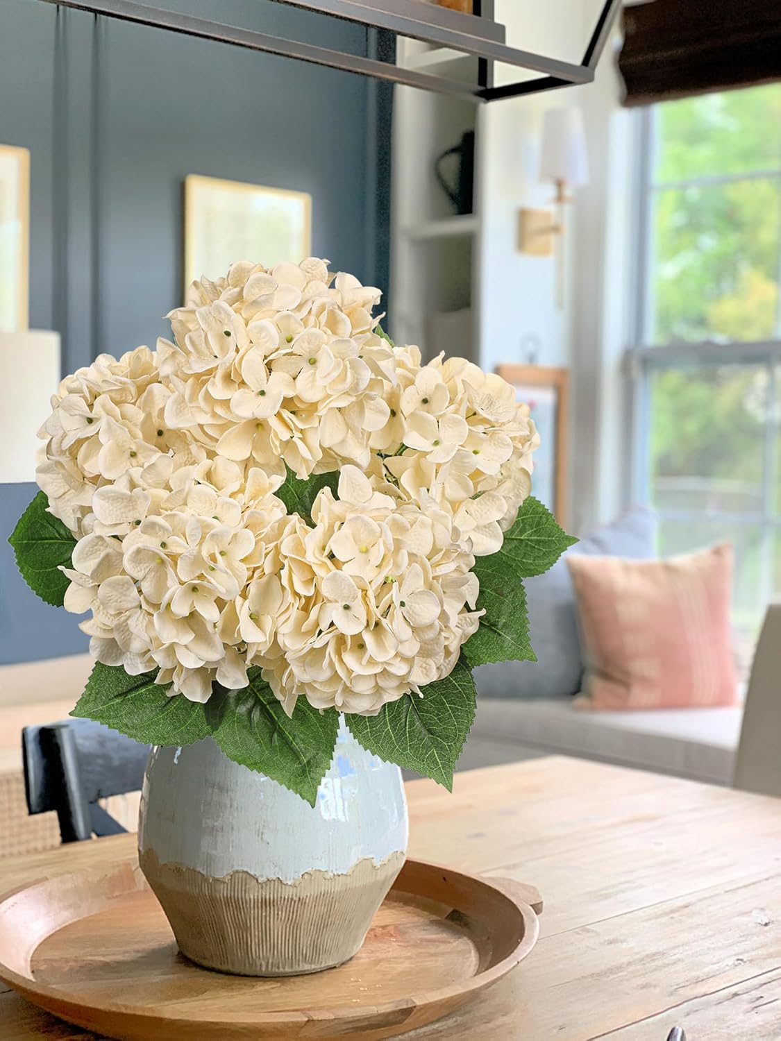 Hollyone Beige Hydrangea Artificial Flowers Large Artificial Hydrangeas Silk Flowers for Home Decor Indoor Wedding Flowers Bouquets Faux Flowers Kitchen Centerpiece Table Decorations